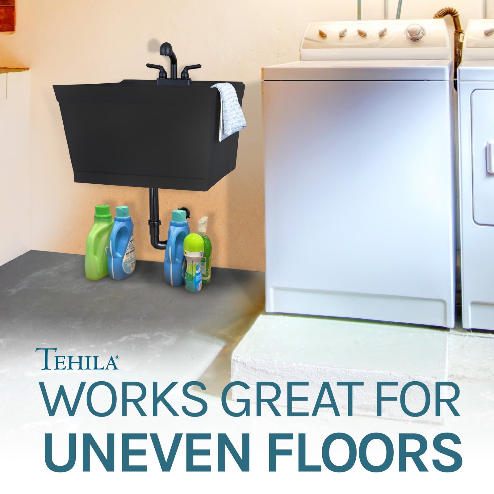 Tehila Standard Wall-Mounted Black Utility Sink with Black Finish Pull-Out Faucet