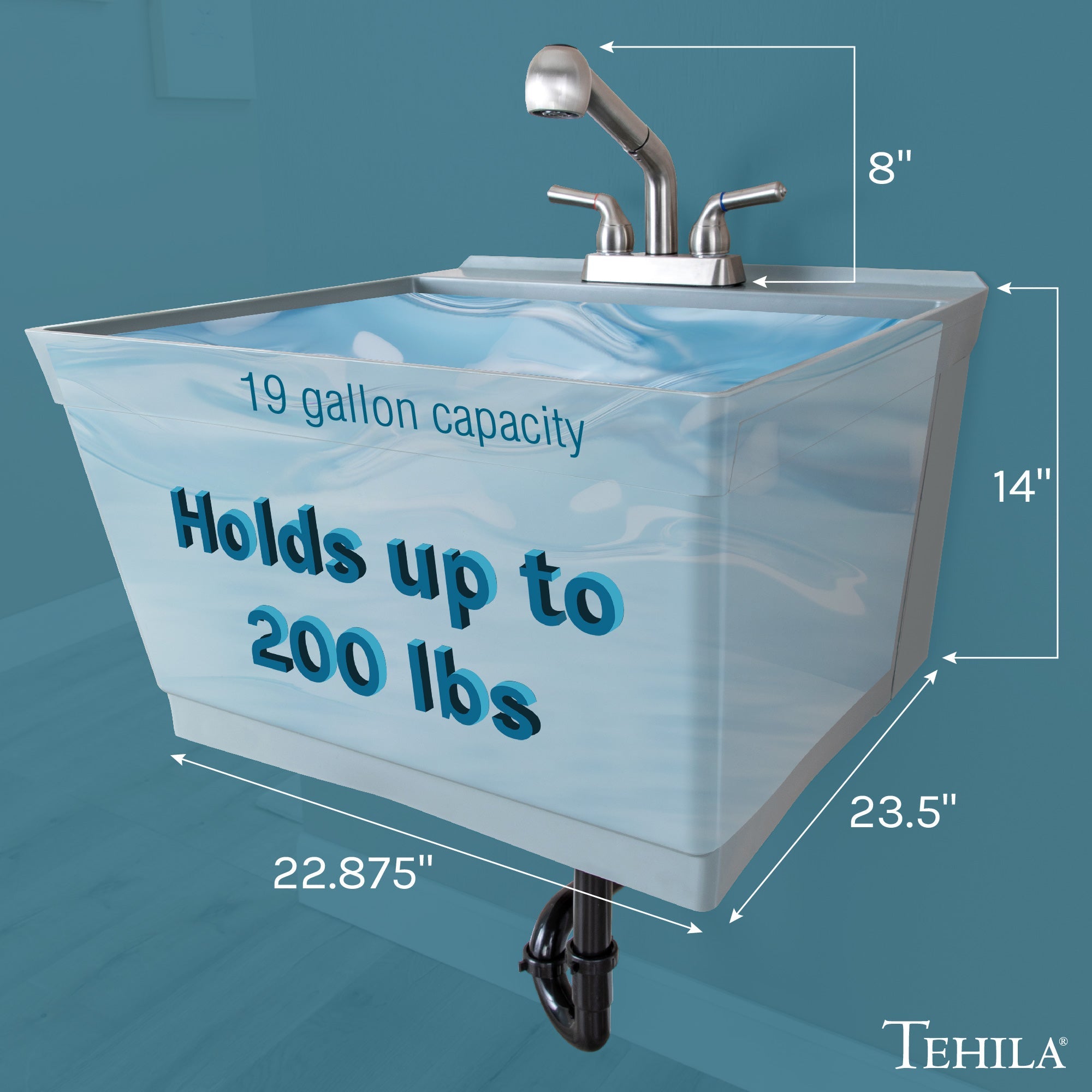 Tehila Standard Wall-Mounted Grey Utility Sink with Stainless Steel Finish Pull-Out Faucet