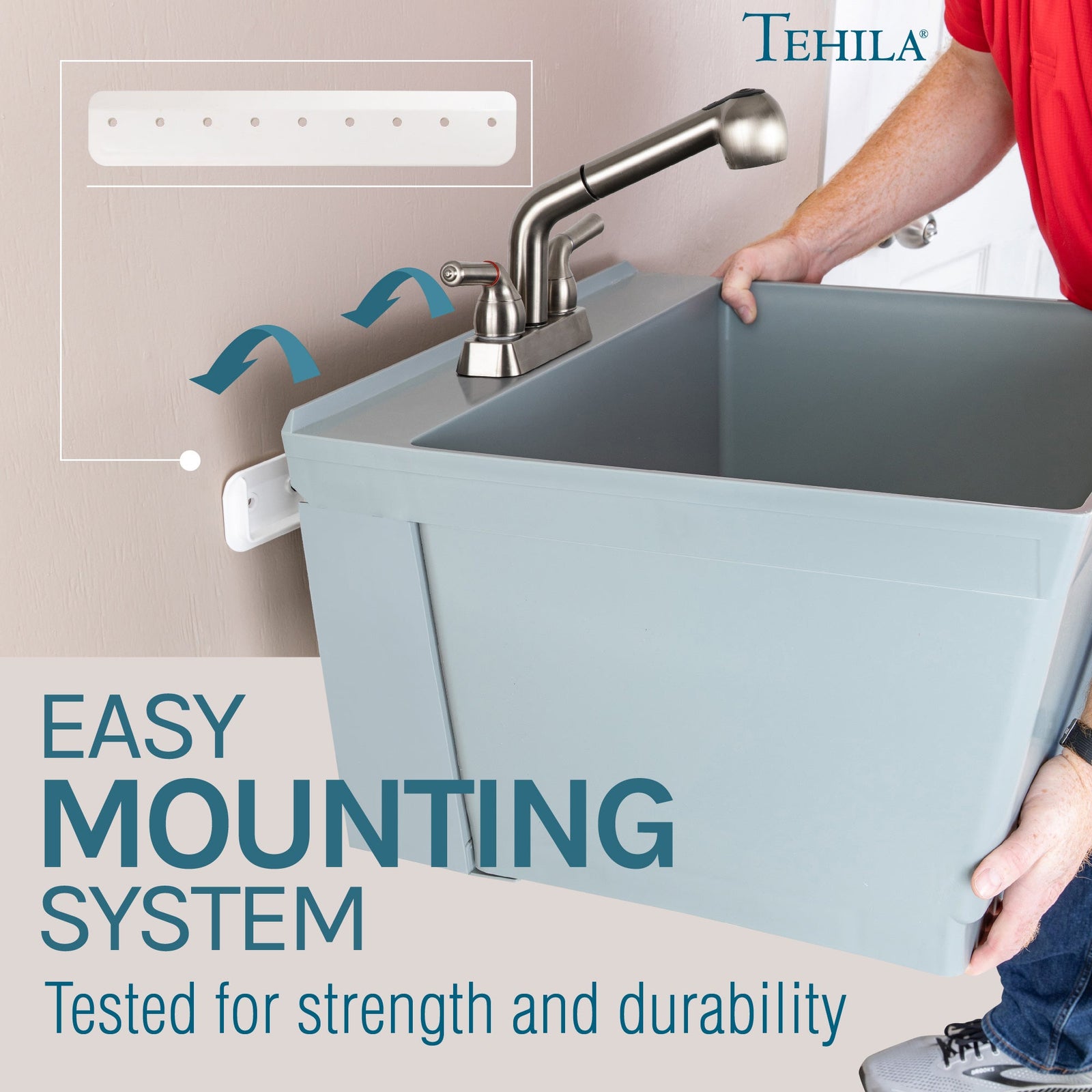Tehila Standard Wall-Mounted Grey Utility Sink with Stainless Steel Finish Pull-Out Faucet