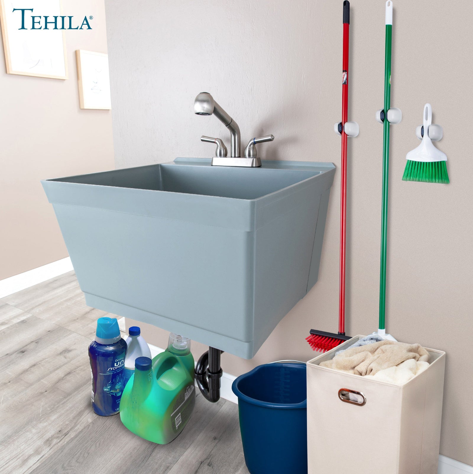Tehila Standard Wall-Mounted Grey Utility Sink with Stainless Steel Finish Pull-Out Faucet