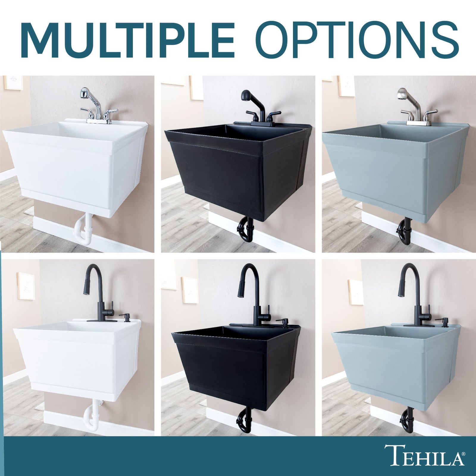 Tehila Standard Wall-Mounted Grey Utility Sink with Stainless Steel Finish Pull-Out Faucet