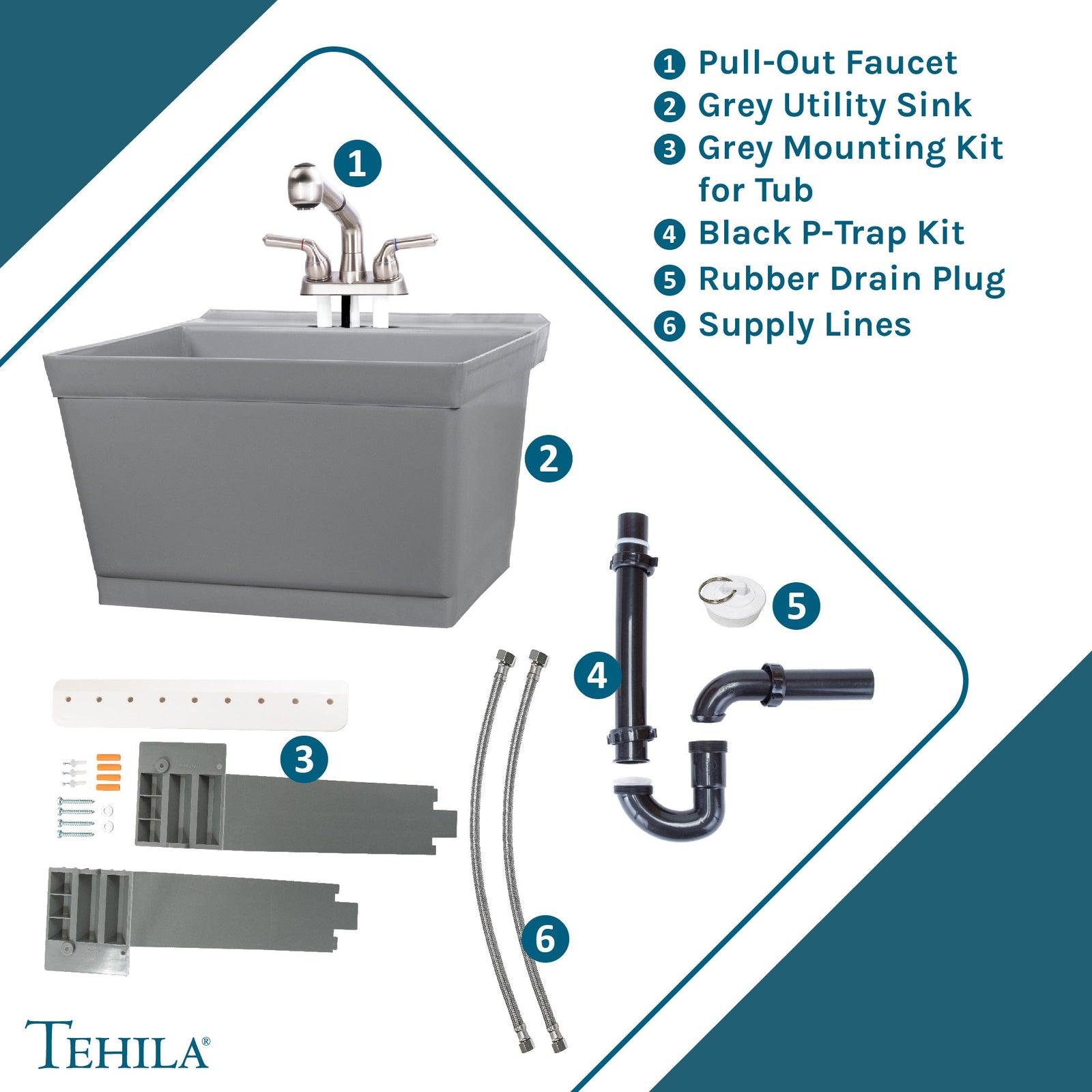 Tehila Standard Wall-Mounted Grey Utility Sink with Stainless Steel Finish Pull-Out Faucet