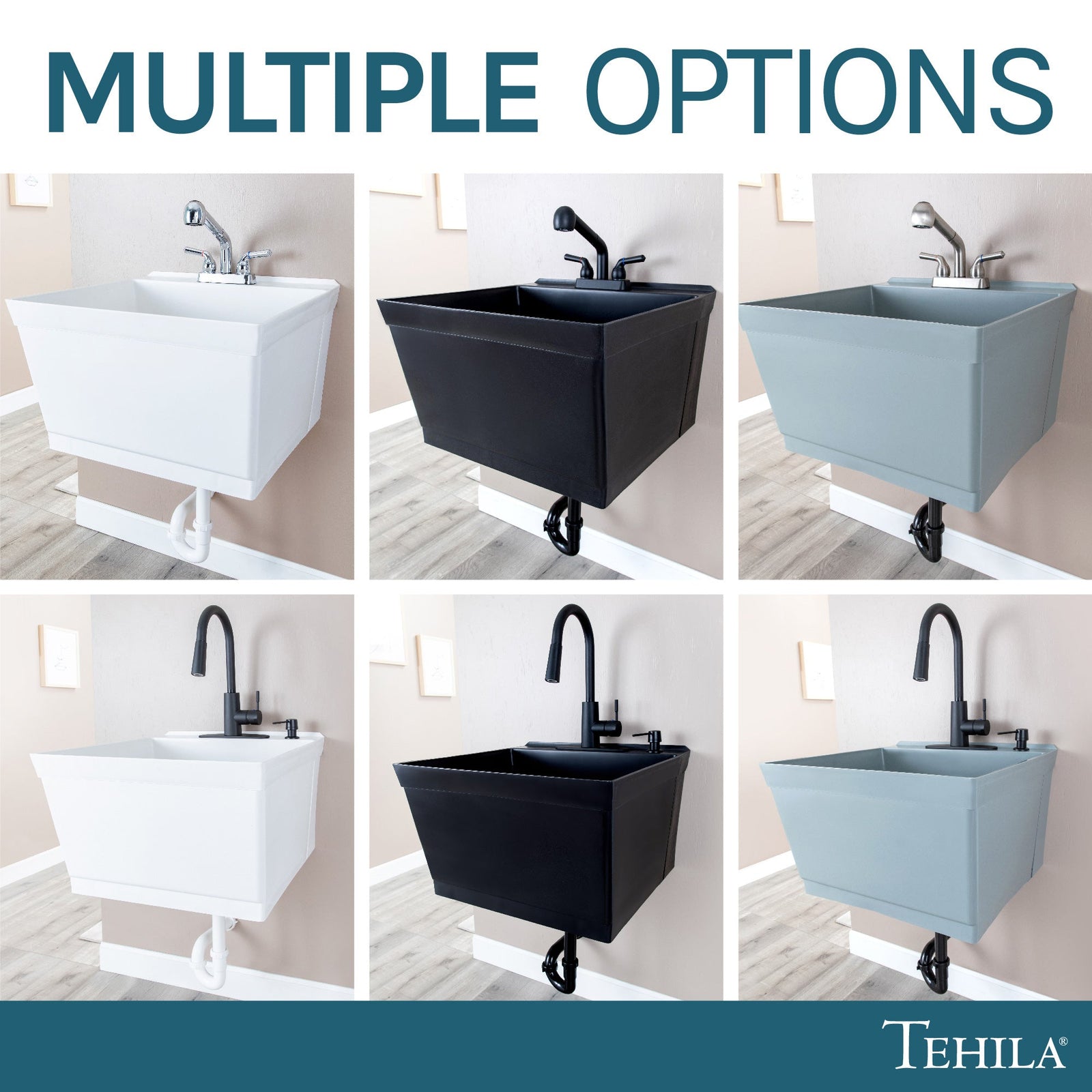 Tehila Standard Wall-Mounted White Utility Sink with Chrome Finish Pull-Out Faucet