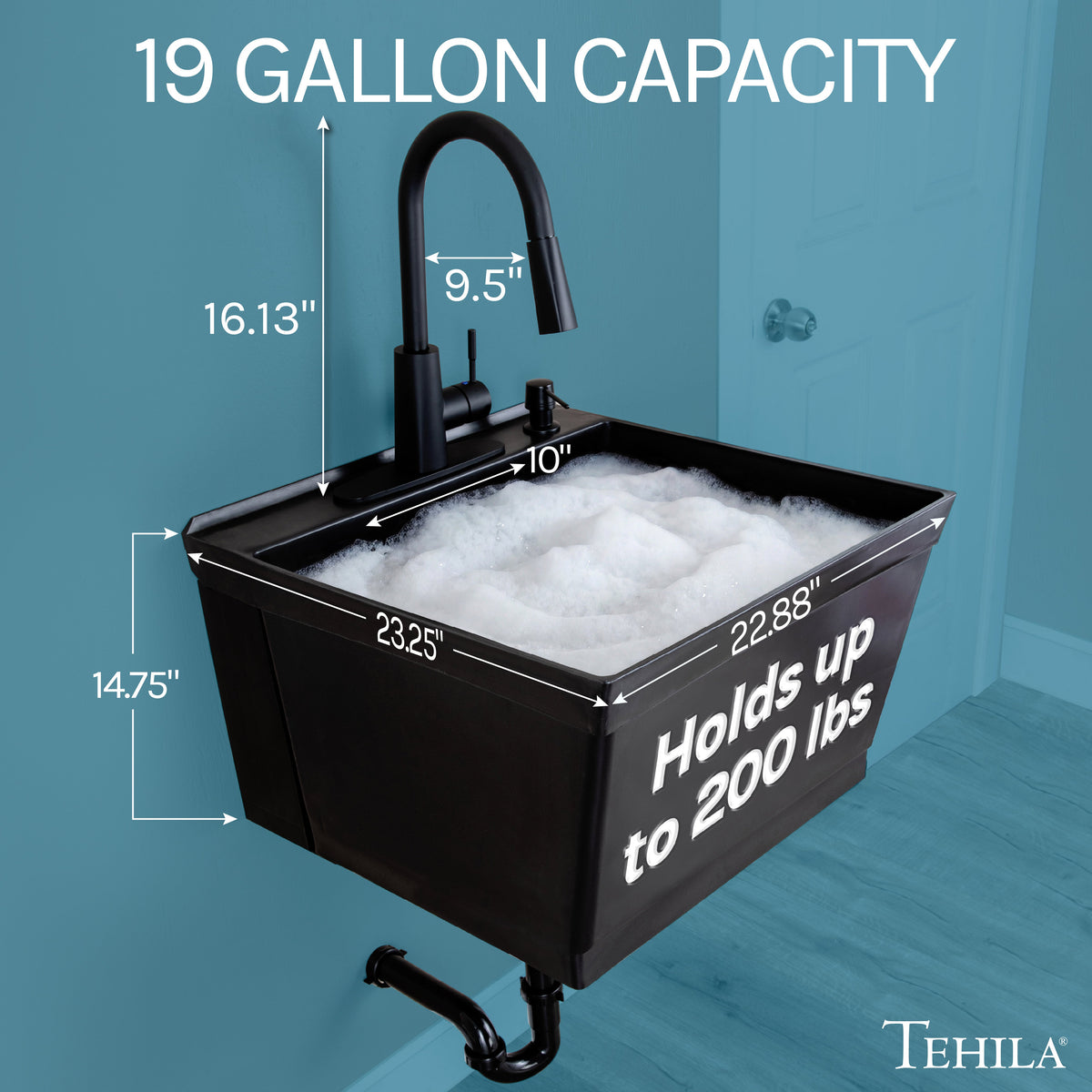 Tehila Standard Wall-Mounted Black Utility Sink with Black Finish Pull-Down Faucet
