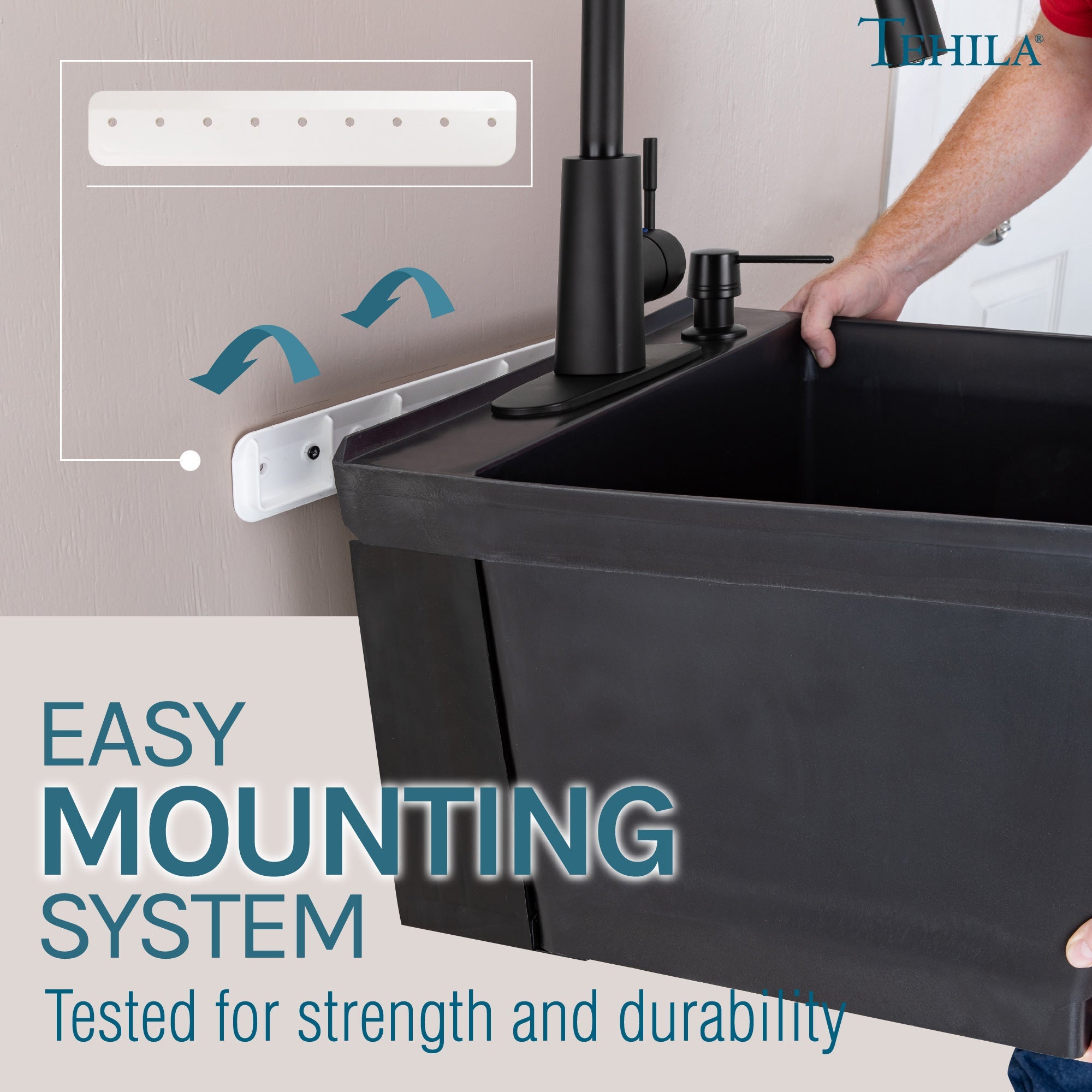 Tehila Standard Wall-Mounted Black Utility Sink with Black Finish Pull-Down Faucet