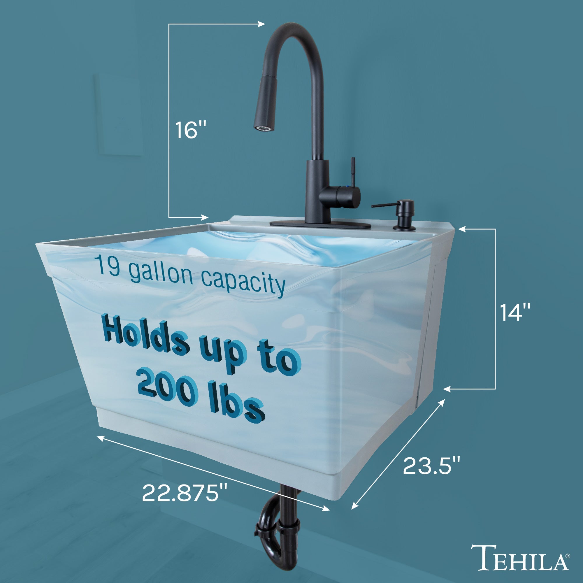 Tehila Standard Wall-Mounted Grey Utility Sink with Black Finish Pull-Down Faucet