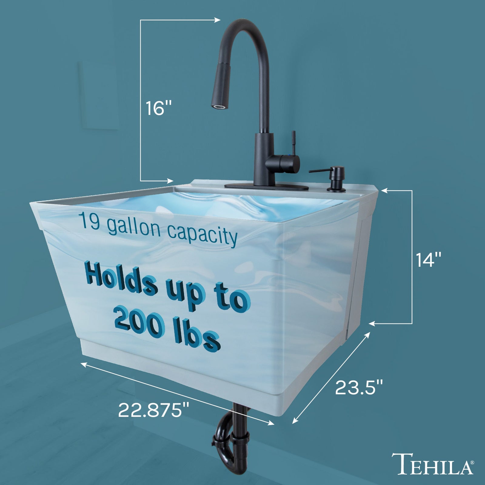 Tehila Standard Wall-Mounted Grey Utility Sink with Black Finish Pull-Down Faucet