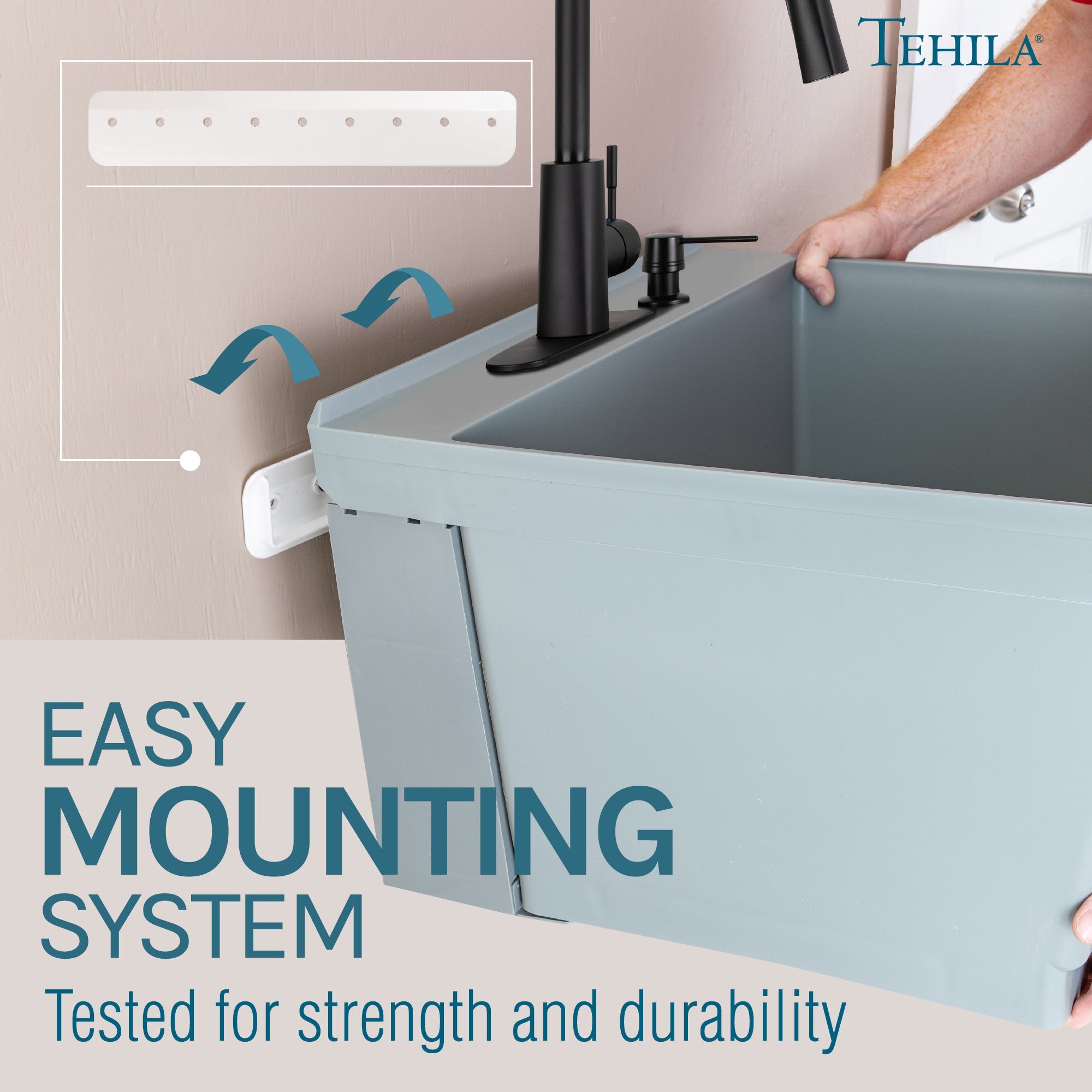 Tehila Standard Wall-Mounted Grey Utility Sink with Black Finish Pull-Down Faucet