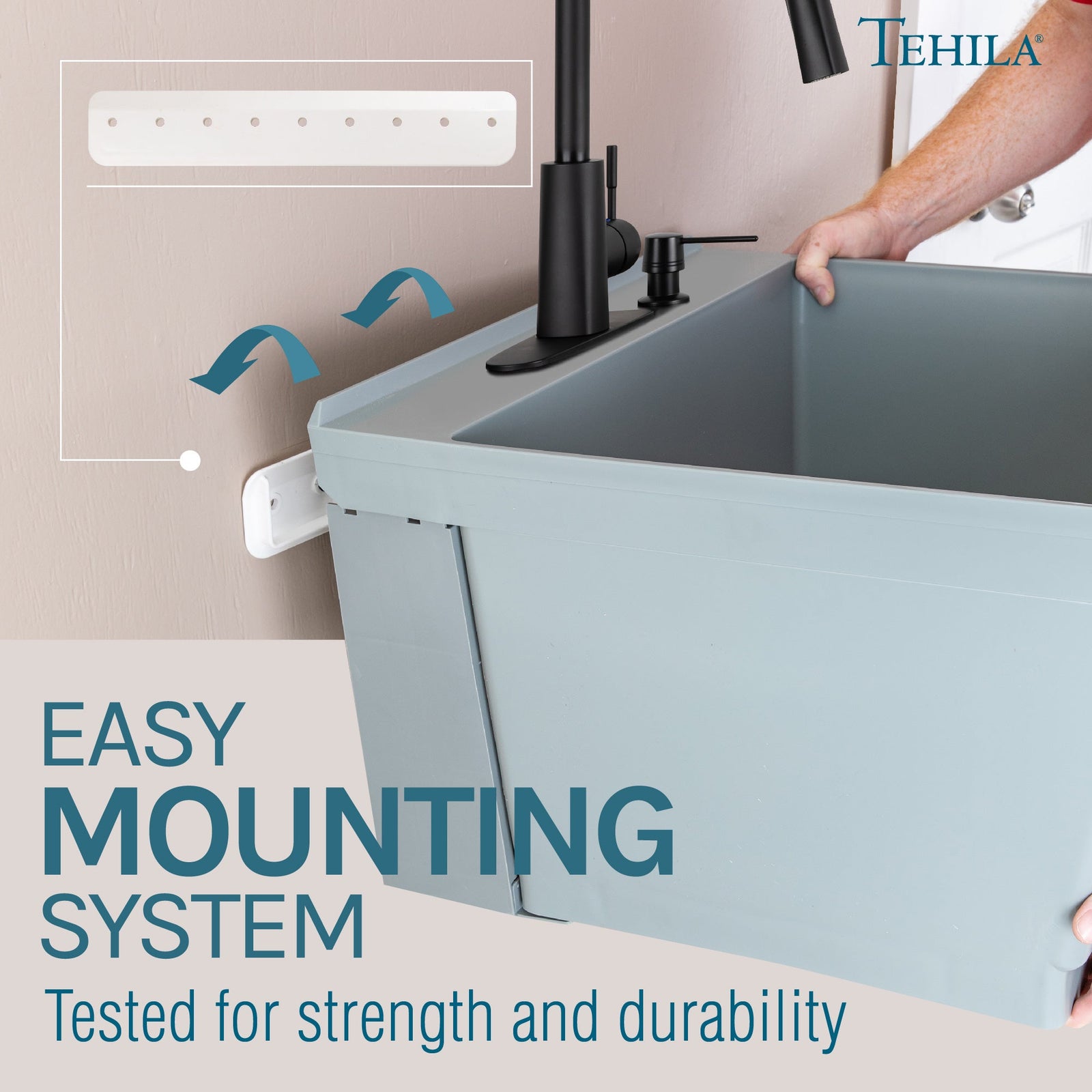 Tehila Standard Wall-Mounted Grey Utility Sink with Black Finish Pull-Down Faucet