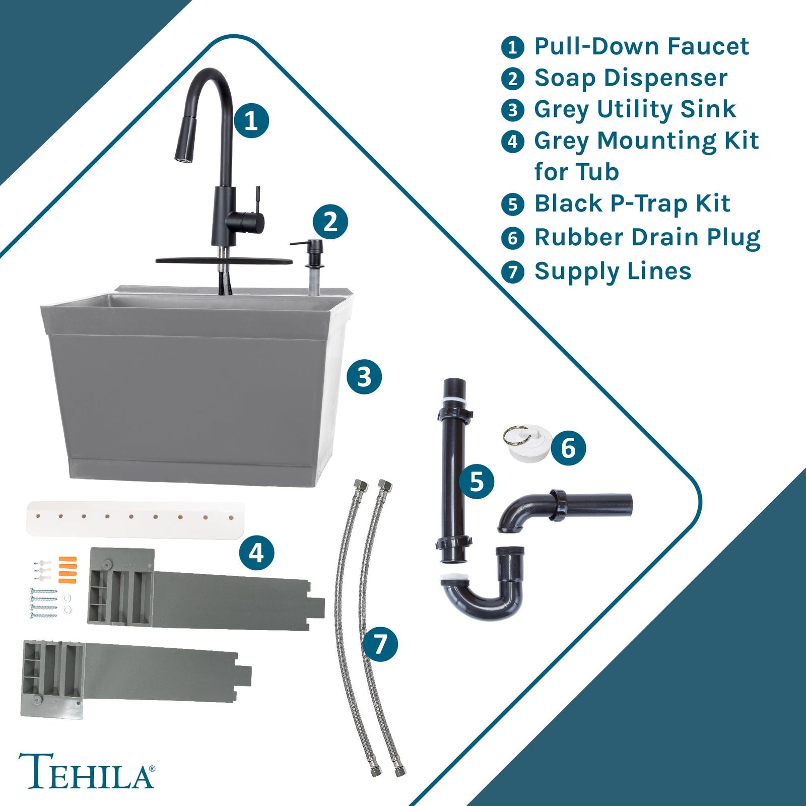 Tehila Standard Wall-Mounted Grey Utility Sink with Black Finish Pull-Down Faucet