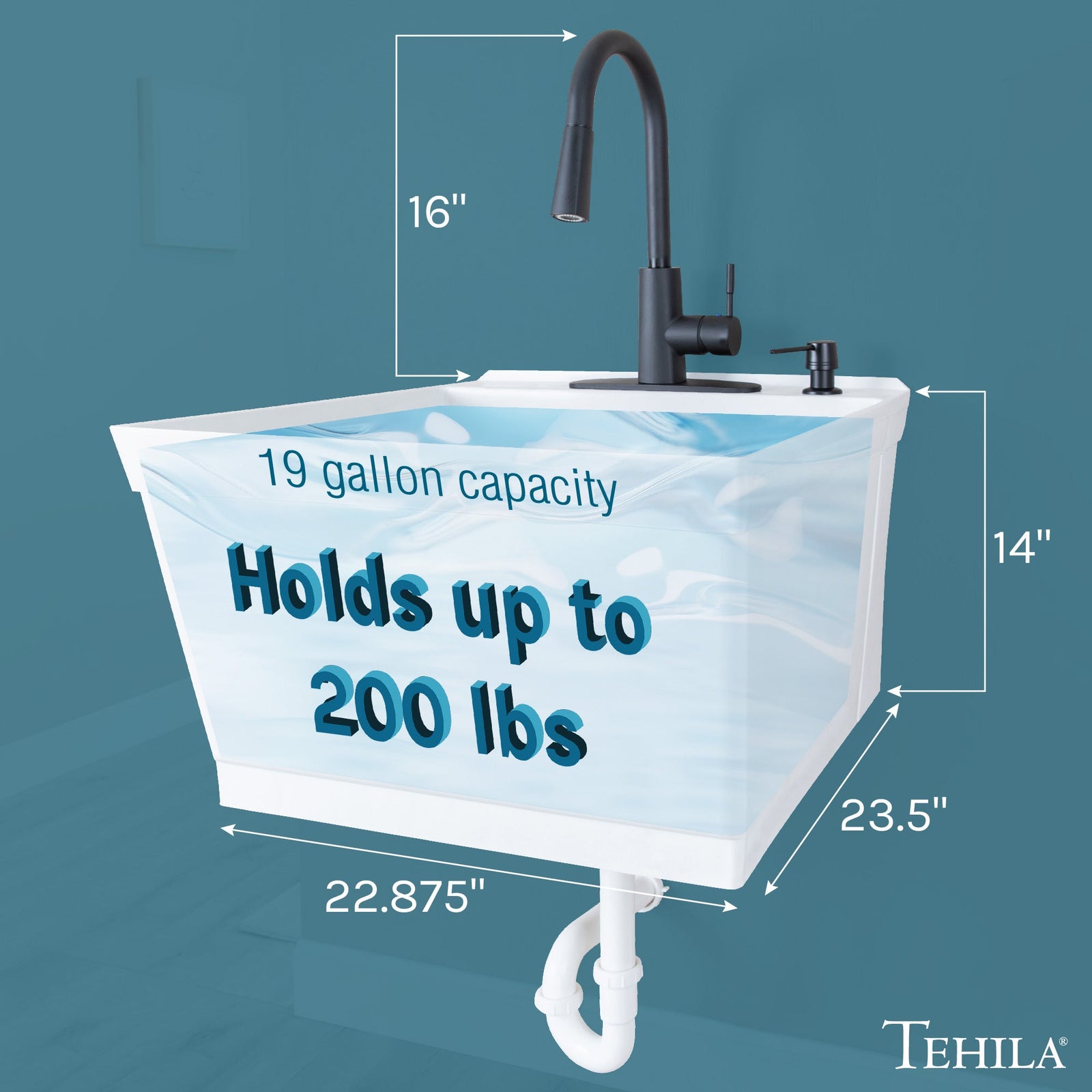 Tehila Standard Wall-Mounted White Utility Sink with Black Finish Pull-Down Faucet