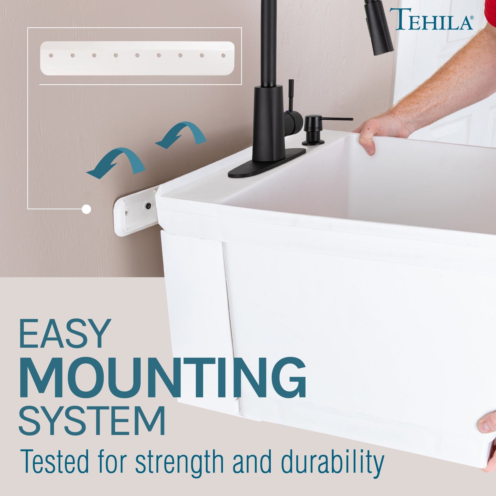 Tehila Standard Wall-Mounted White Utility Sink with Black Finish Pull-Down Faucet