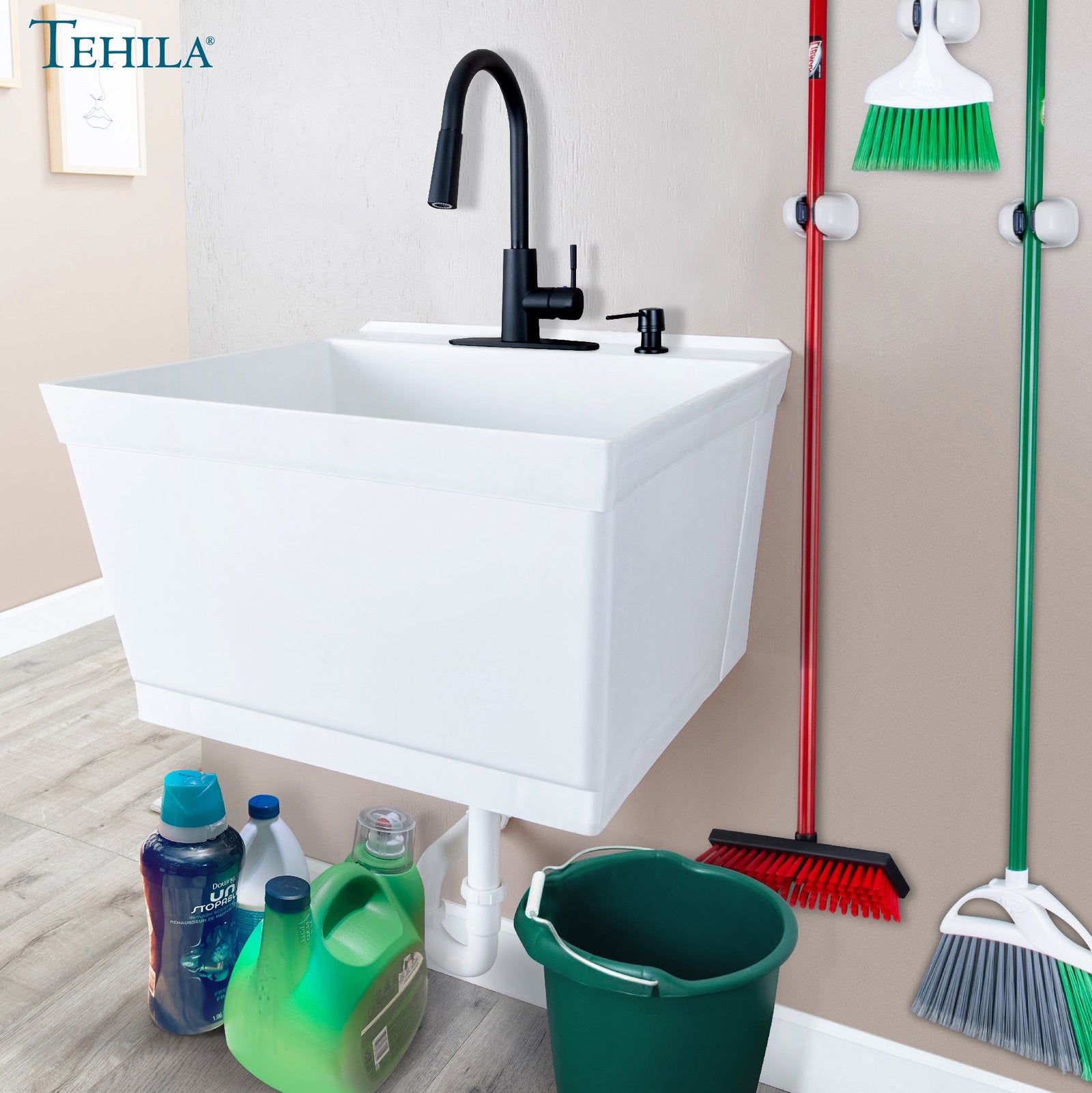 Tehila Standard Wall-Mounted White Utility Sink with Black Finish Pull-Down Faucet