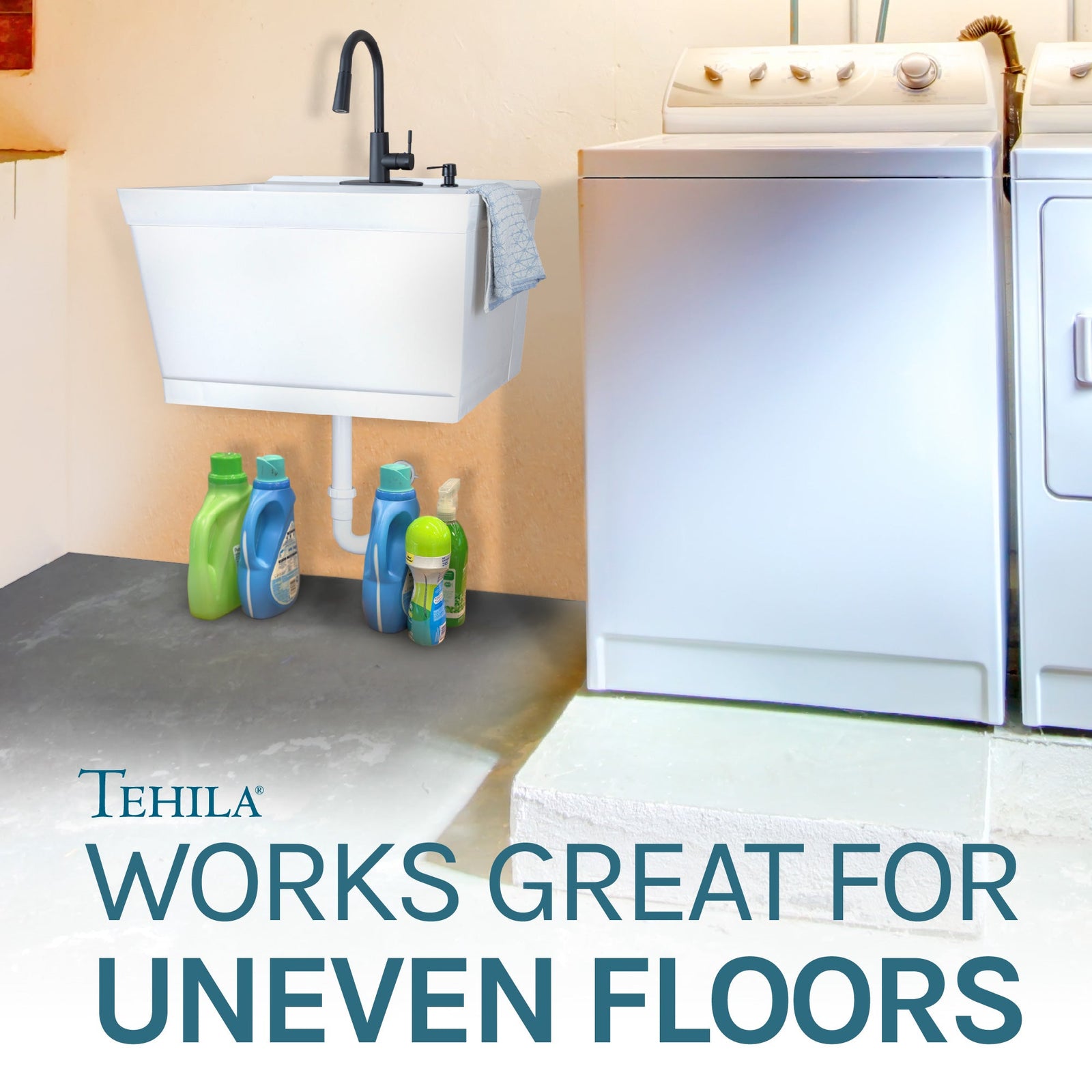 Tehila Standard Wall-Mounted White Utility Sink with Black Finish Pull-Down Faucet