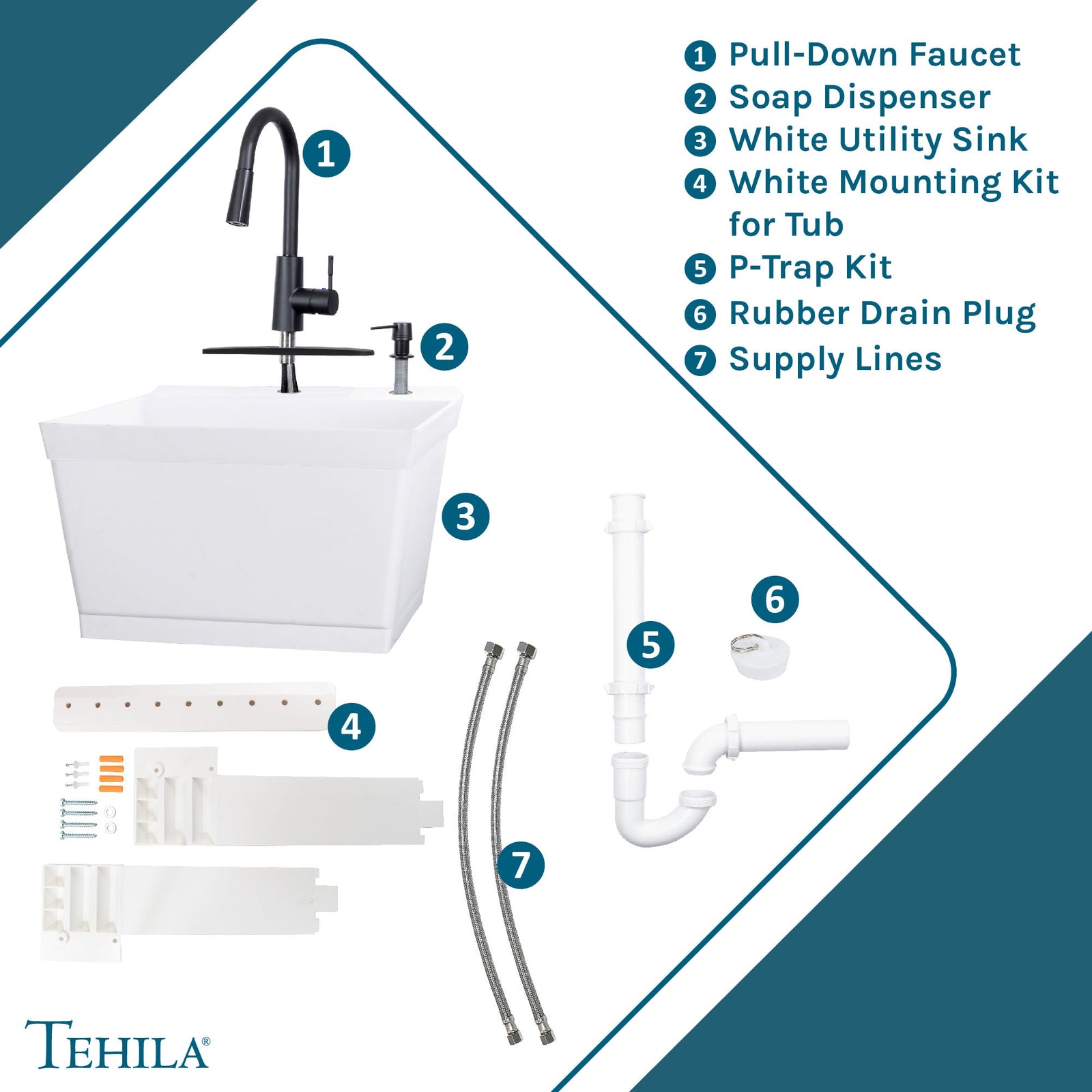 Tehila Standard Wall-Mounted White Utility Sink with Black Finish Pull-Down Faucet