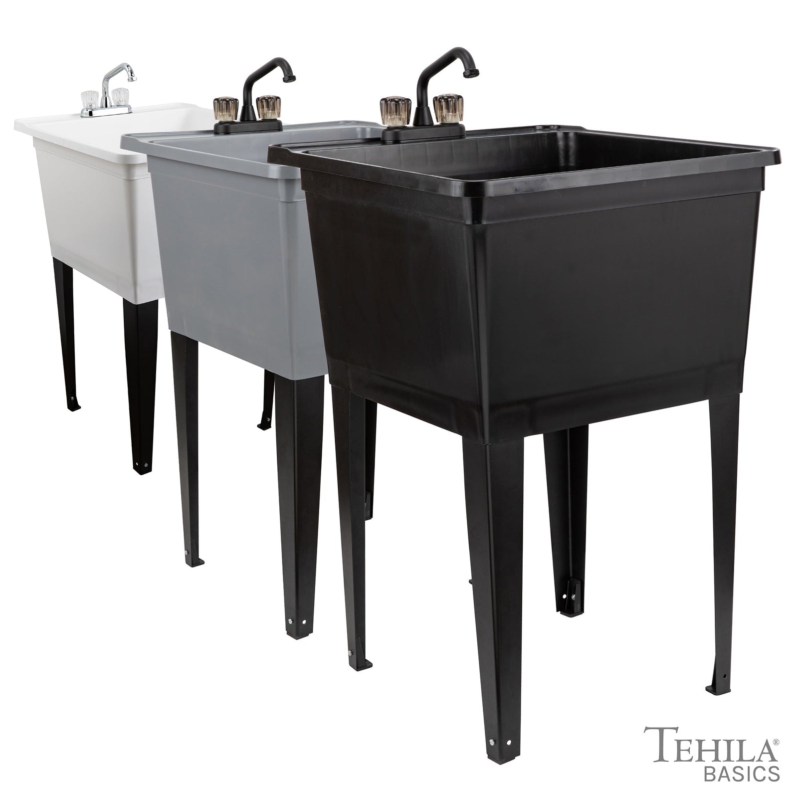 Tehila Basics Freestanding Black Utility Sink with Black Finish Dual Handle Utility Faucet