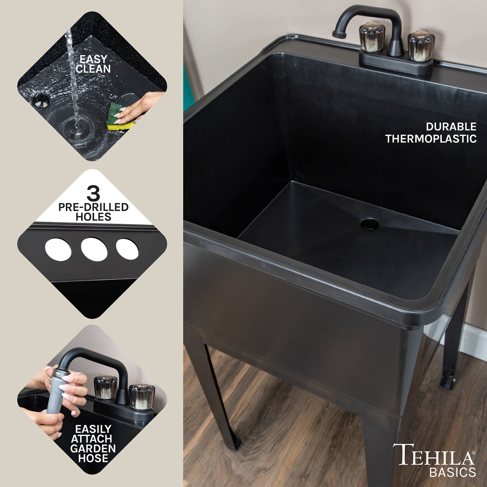 Tehila Basics Freestanding Black Utility Sink with Black Finish Dual Handle Utility Faucet