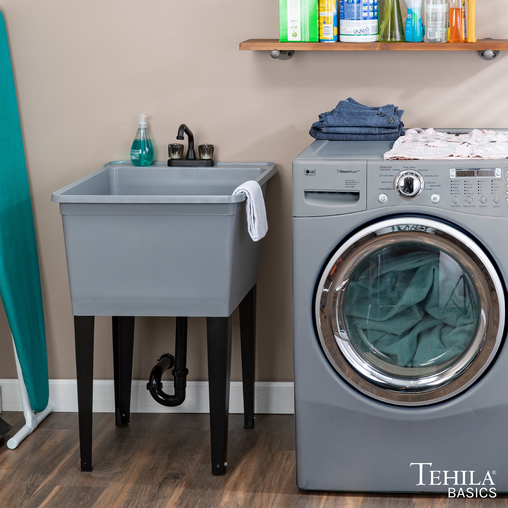 Tehila Basics Freestanding Grey Utility Sink with Black Finish Dual Handle Utility Faucet