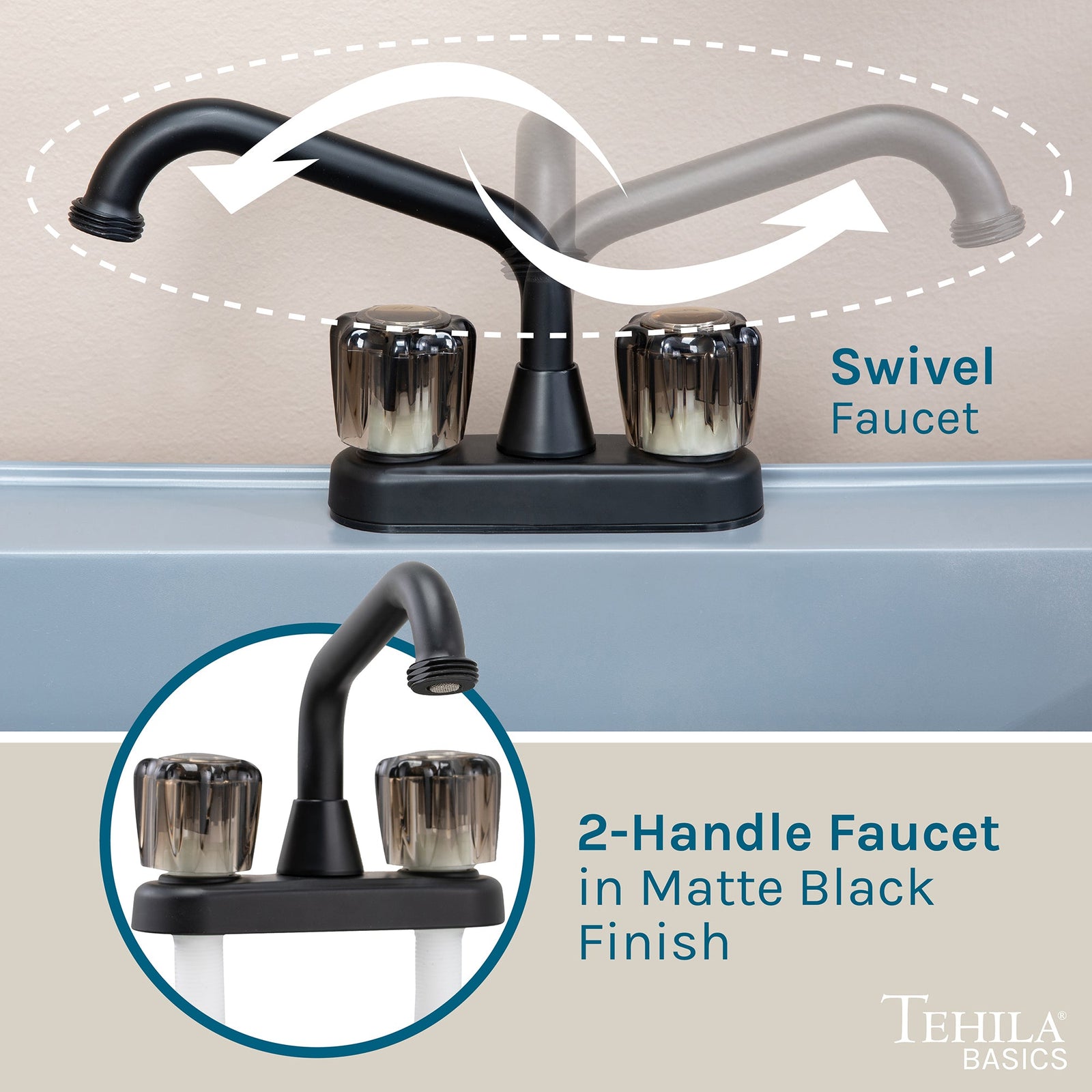 Tehila Basics Freestanding Grey Utility Sink with Black Finish Dual Handle Utility Faucet
