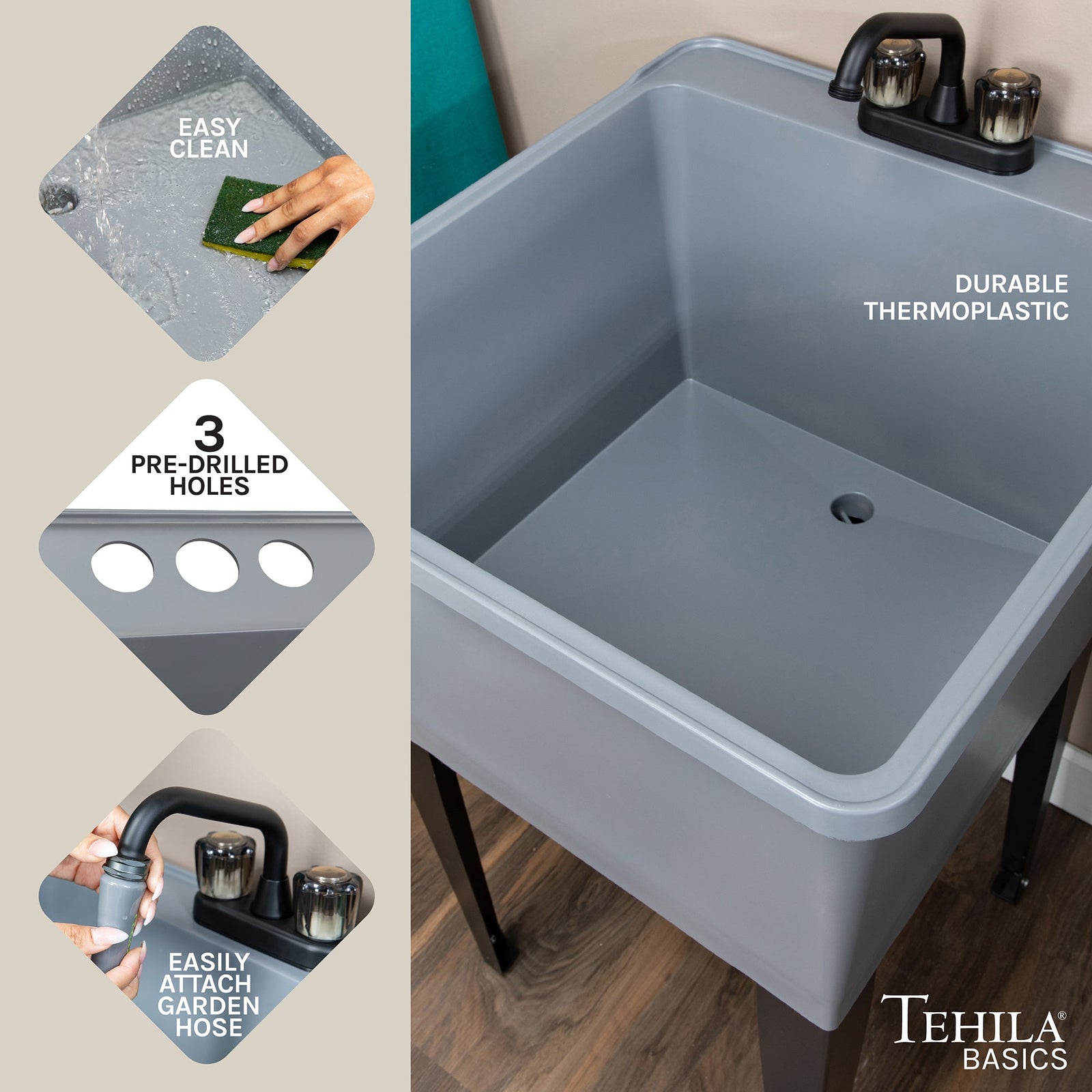 Tehila Basics Freestanding Grey Utility Sink with Black Finish Dual Handle Utility Faucet