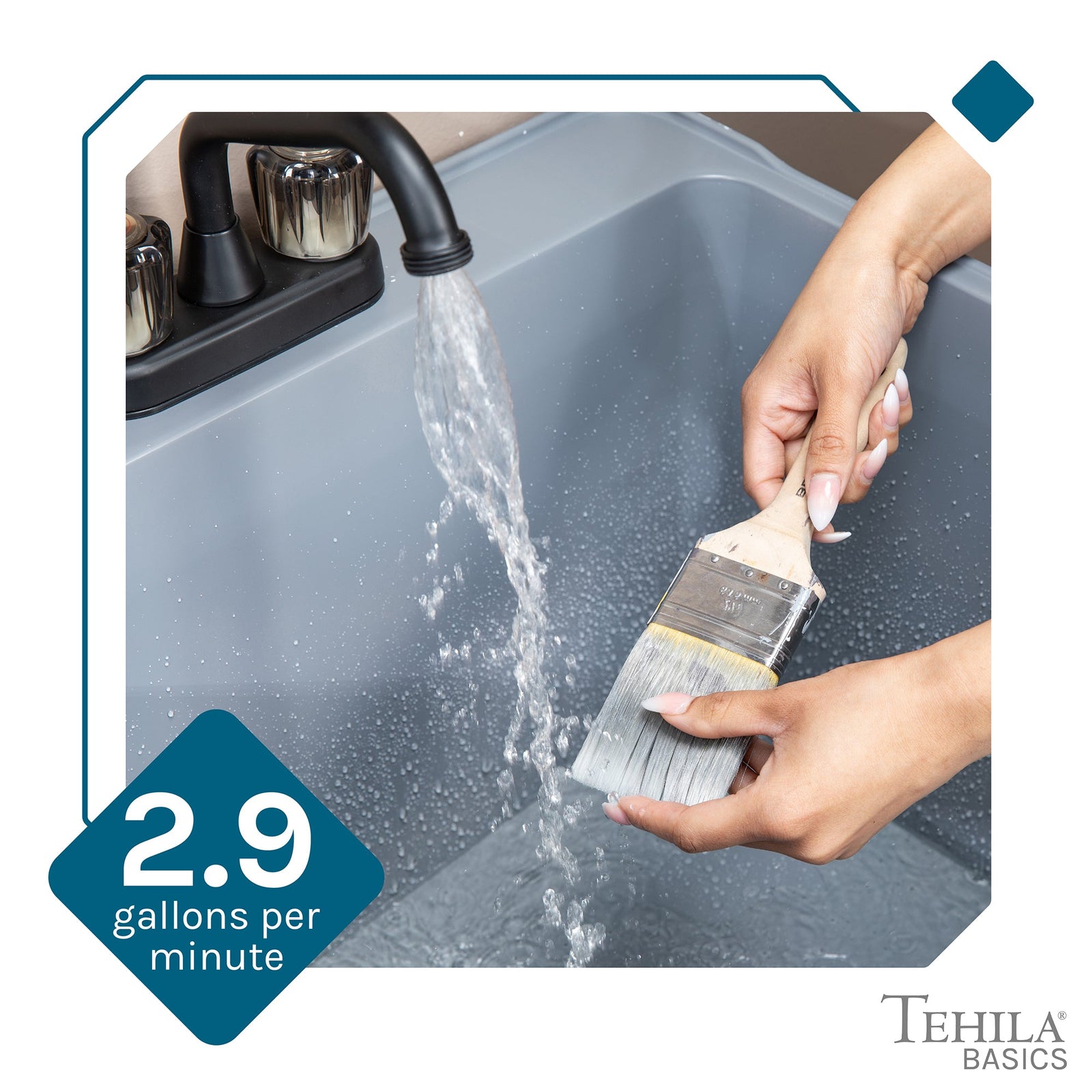 Tehila Basics Freestanding Grey Utility Sink with Black Finish Dual Handle Utility Faucet