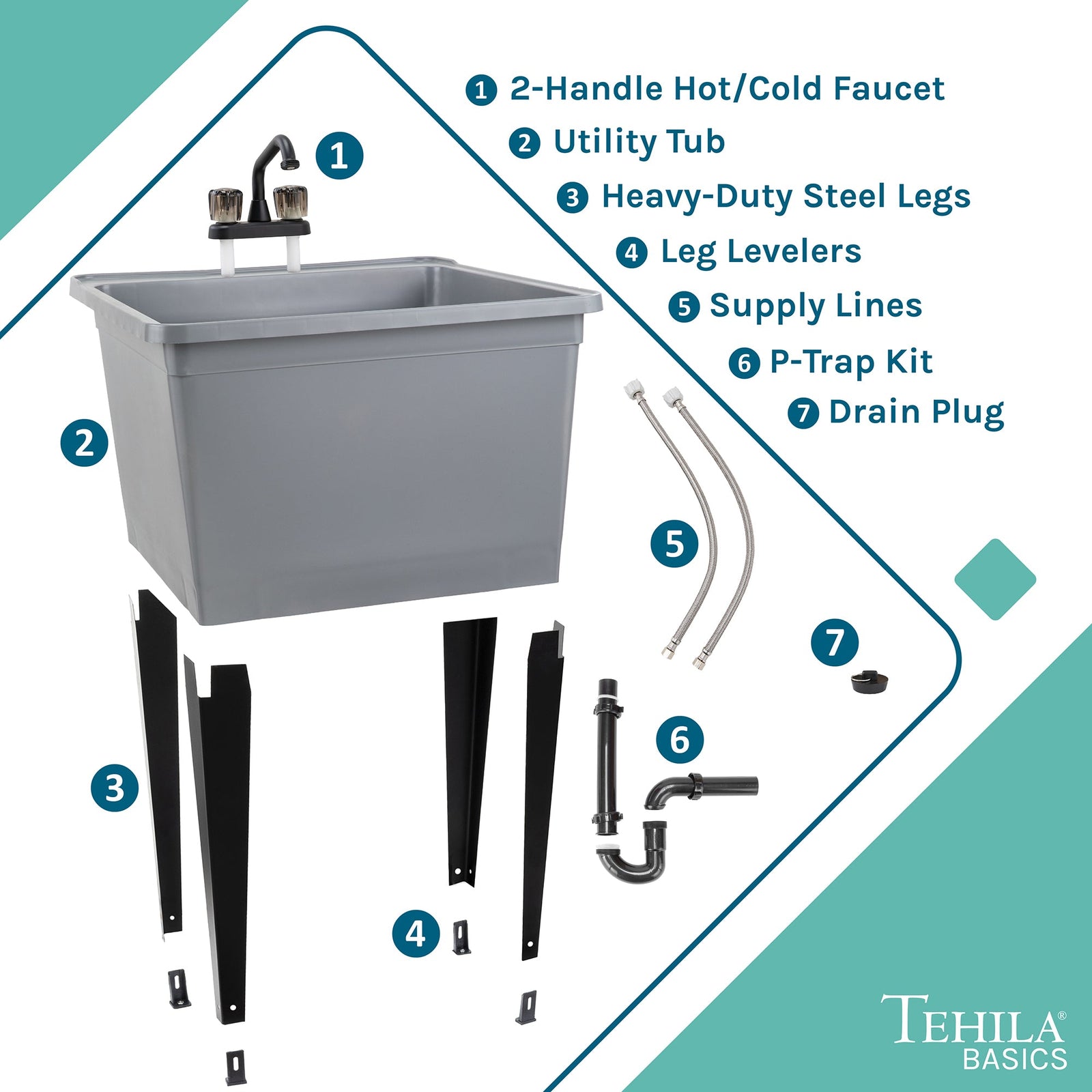 Tehila Basics Freestanding Grey Utility Sink with Black Finish Dual Handle Utility Faucet
