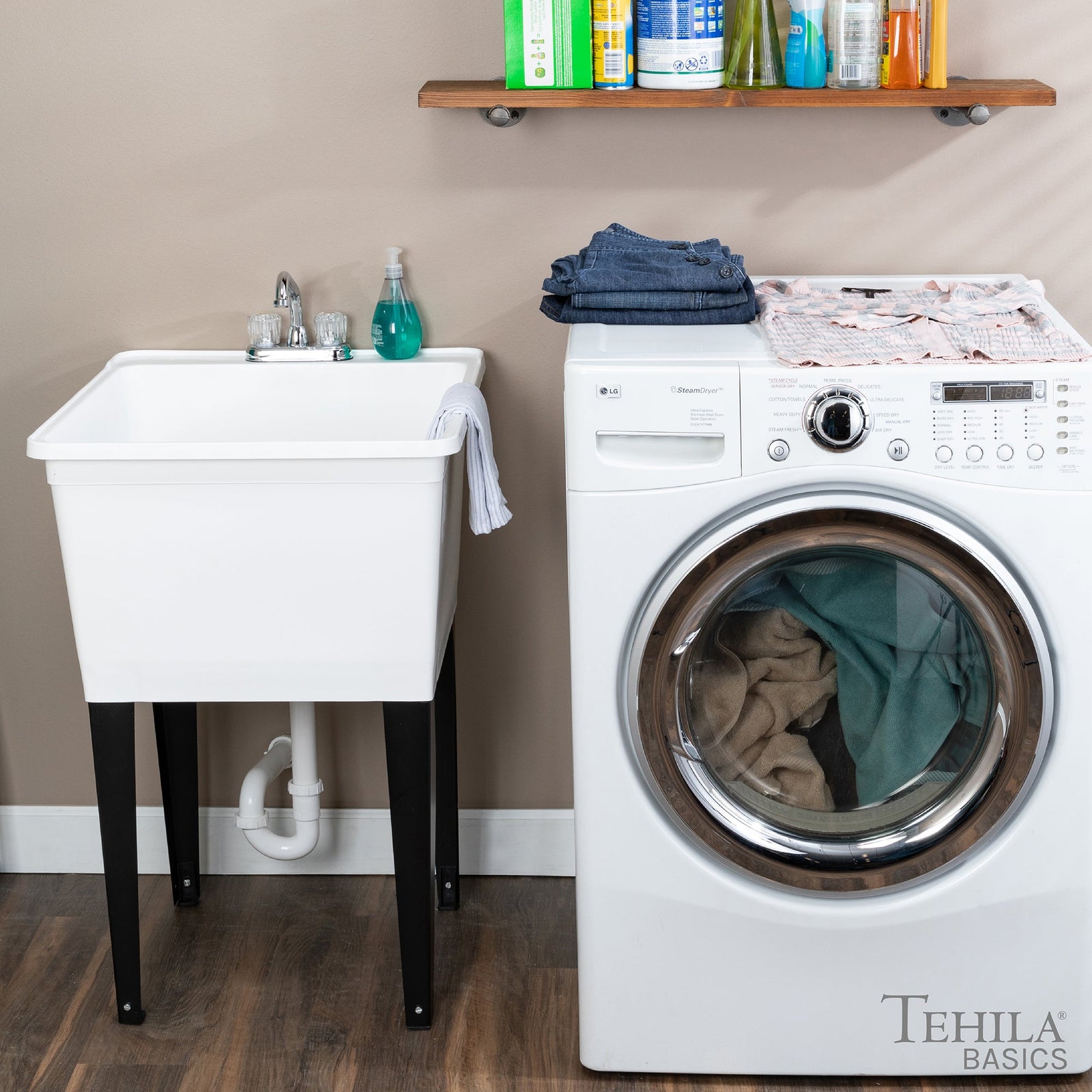 Tehila Basics Freestanding White Utility Sink with Chrome Finish Dual Handle Utility Faucet