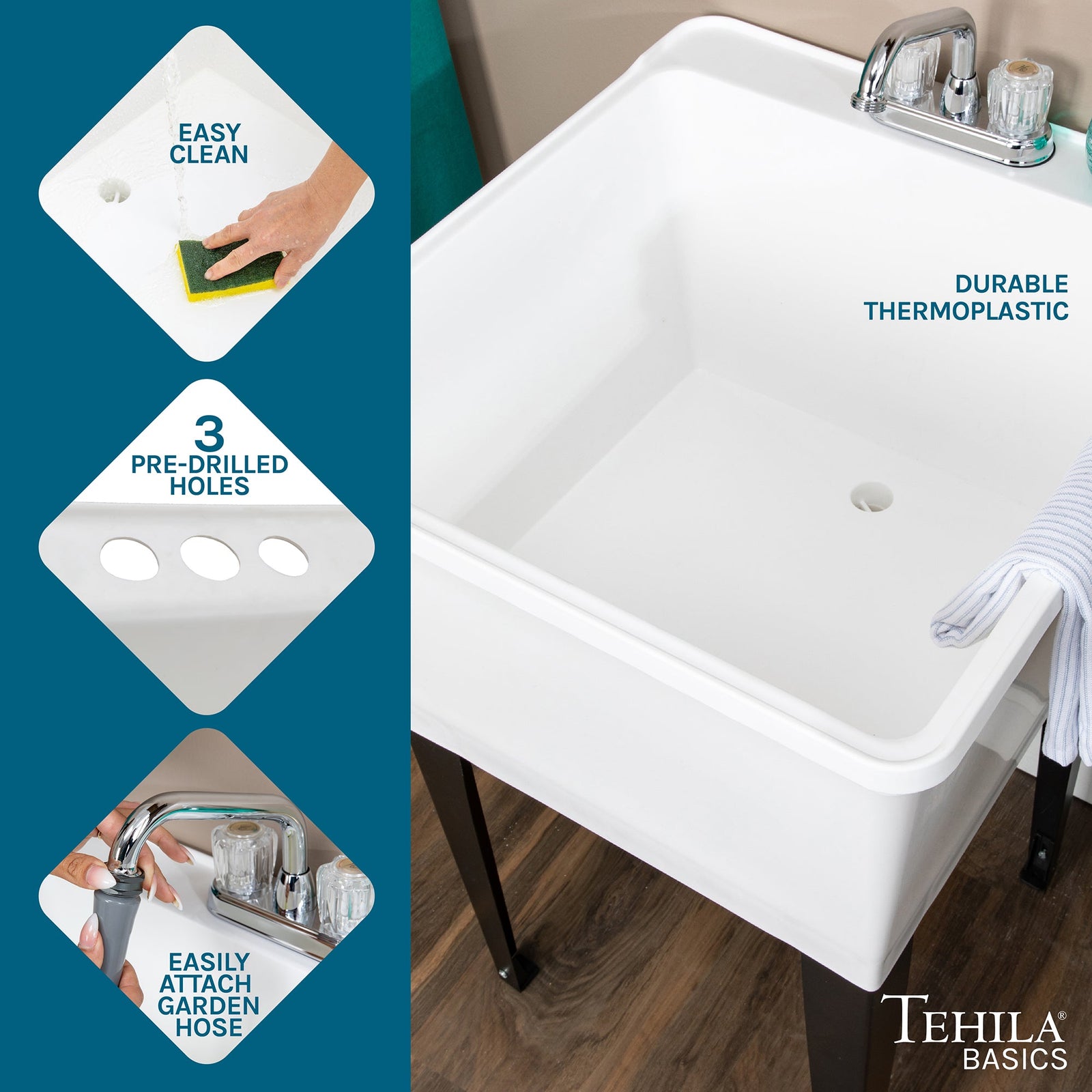 Tehila Basics Freestanding White Utility Sink with Chrome Finish Dual Handle Utility Faucet