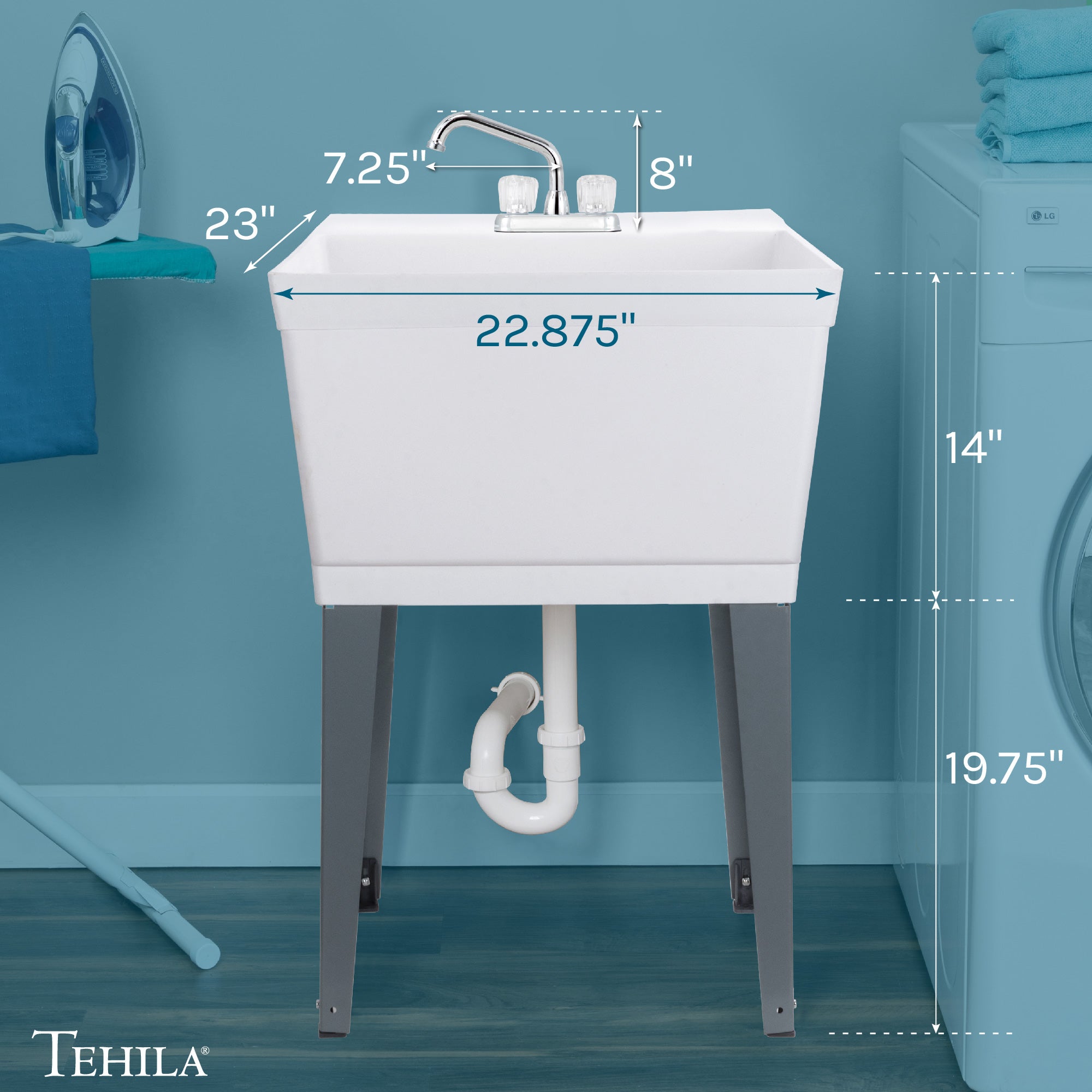 Tehila Standard Freestanding White Utility Sink with Chrome Finish Double Knob Utility Faucet