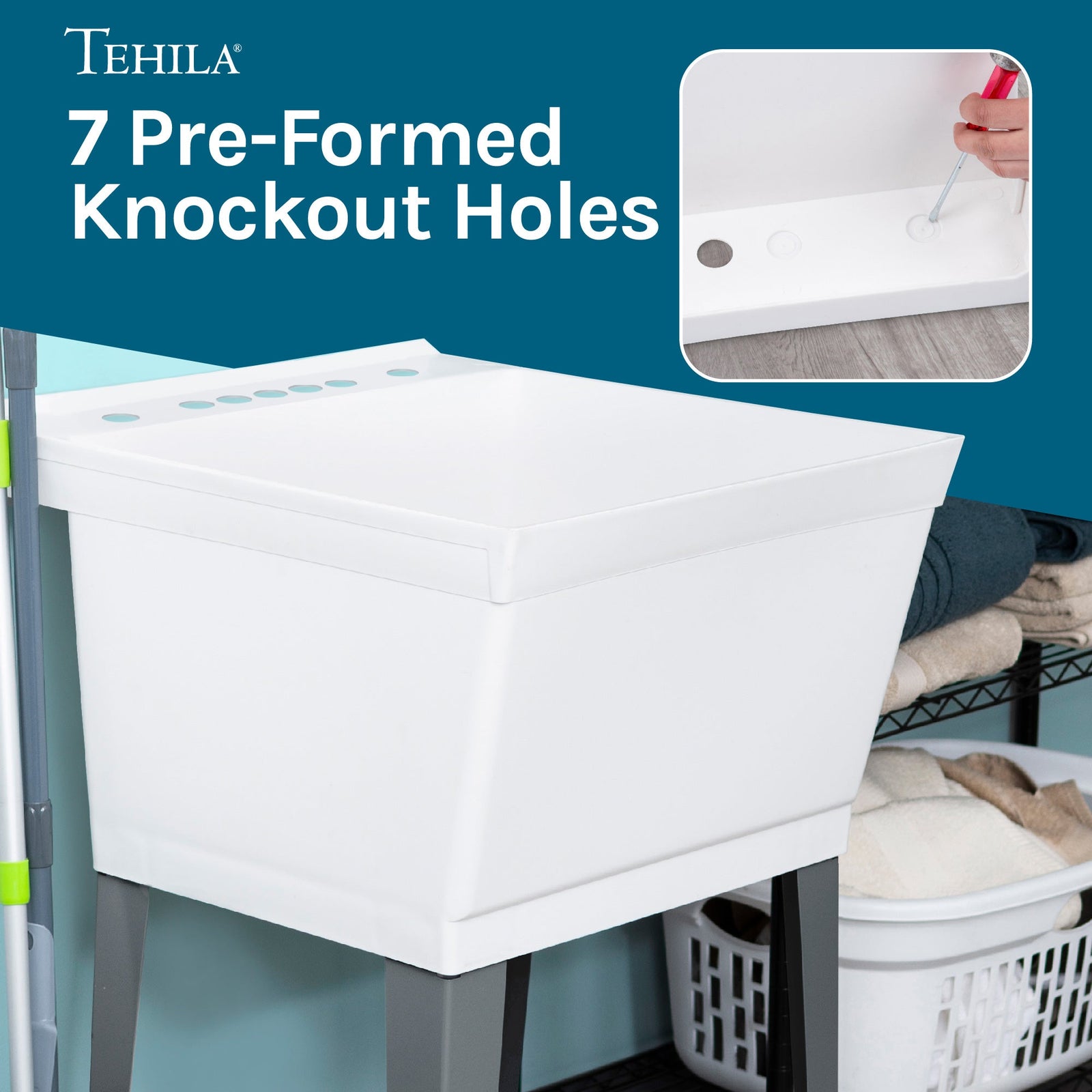 Tehila Standard Freestanding White Utility Sink with Chrome Finish Double Knob Utility Faucet