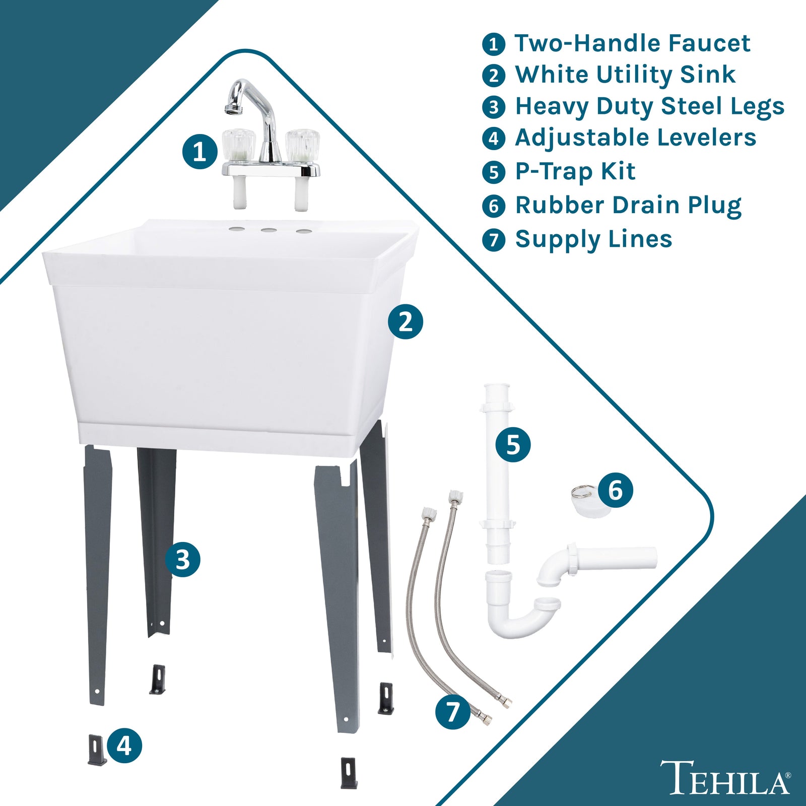 Tehila Standard Freestanding White Utility Sink with Chrome Finish Double Knob Utility Faucet