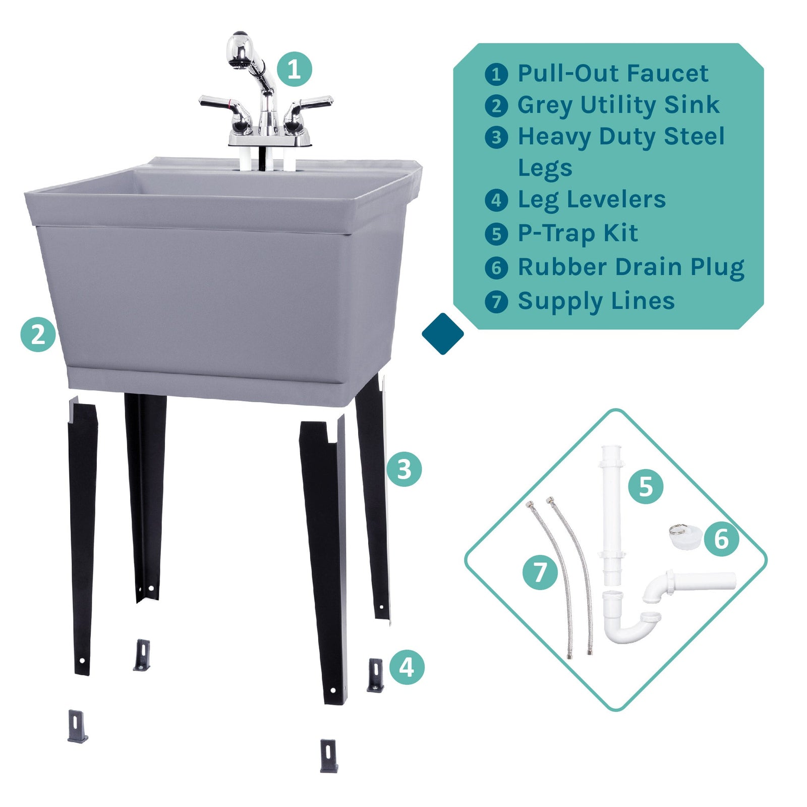 Tehila Standard Freestanding Grey Utility Sink with Chrome Finish Pull-Out Faucet