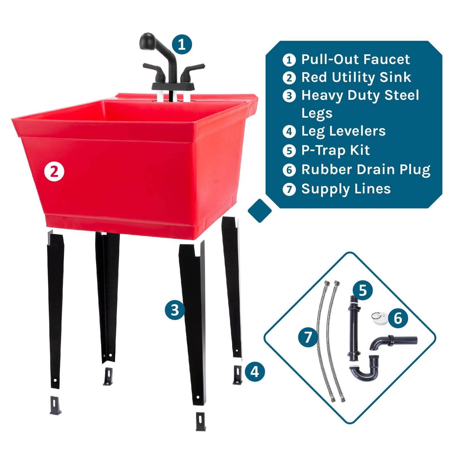 Tehila Standard Freestanding Red Utility Sink with Matte Black Finish Pull-Out Faucet