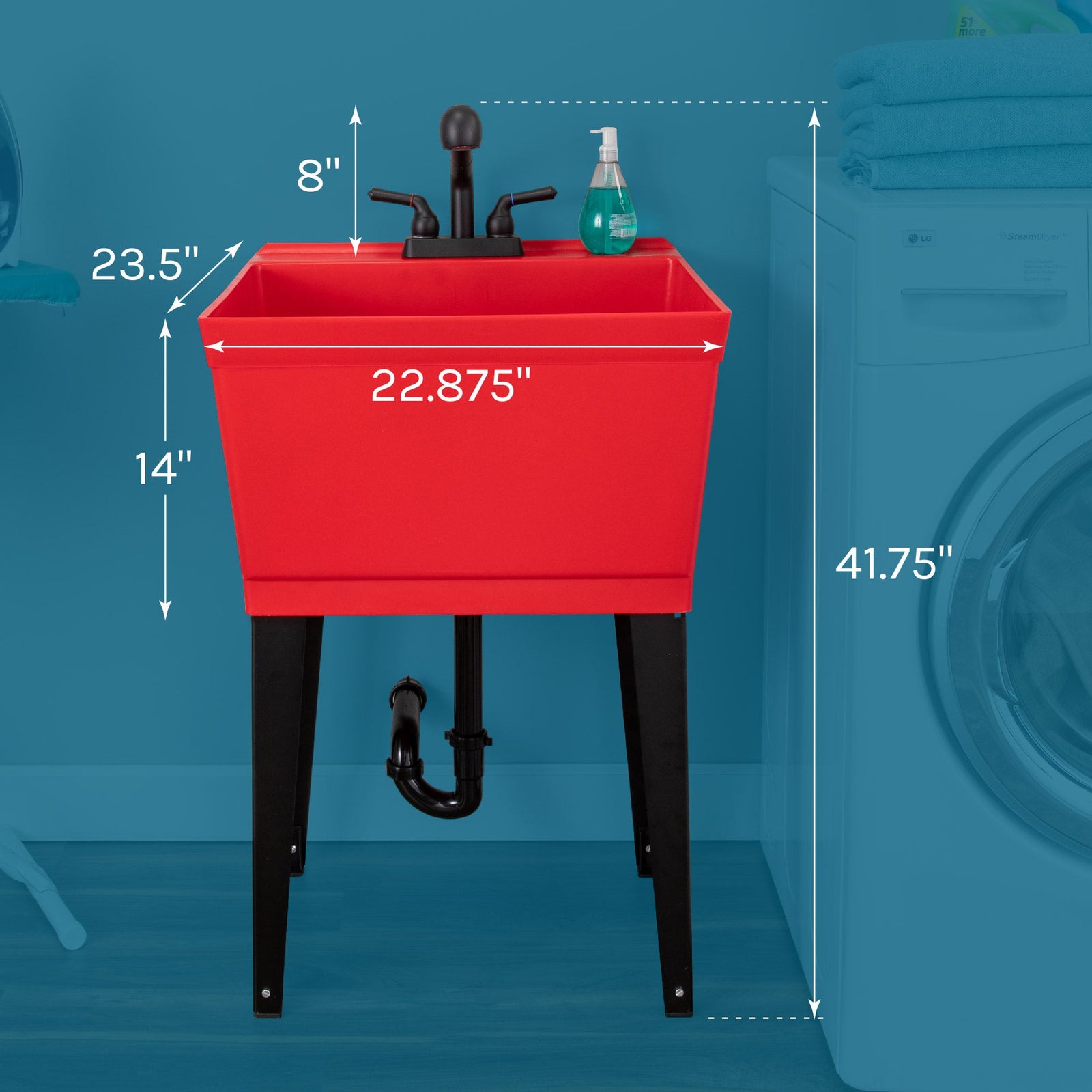 Tehila Standard Freestanding Red Utility Sink with Matte Black Finish Pull-Out Faucet