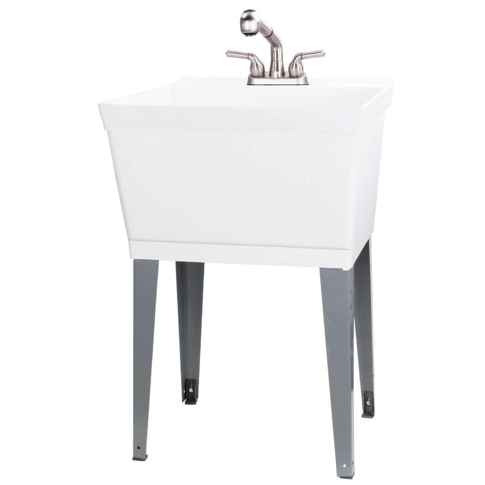 Tehila Standard Freestanding White Utility Sink with Stainless Steel Finish Pull-Out Faucet
