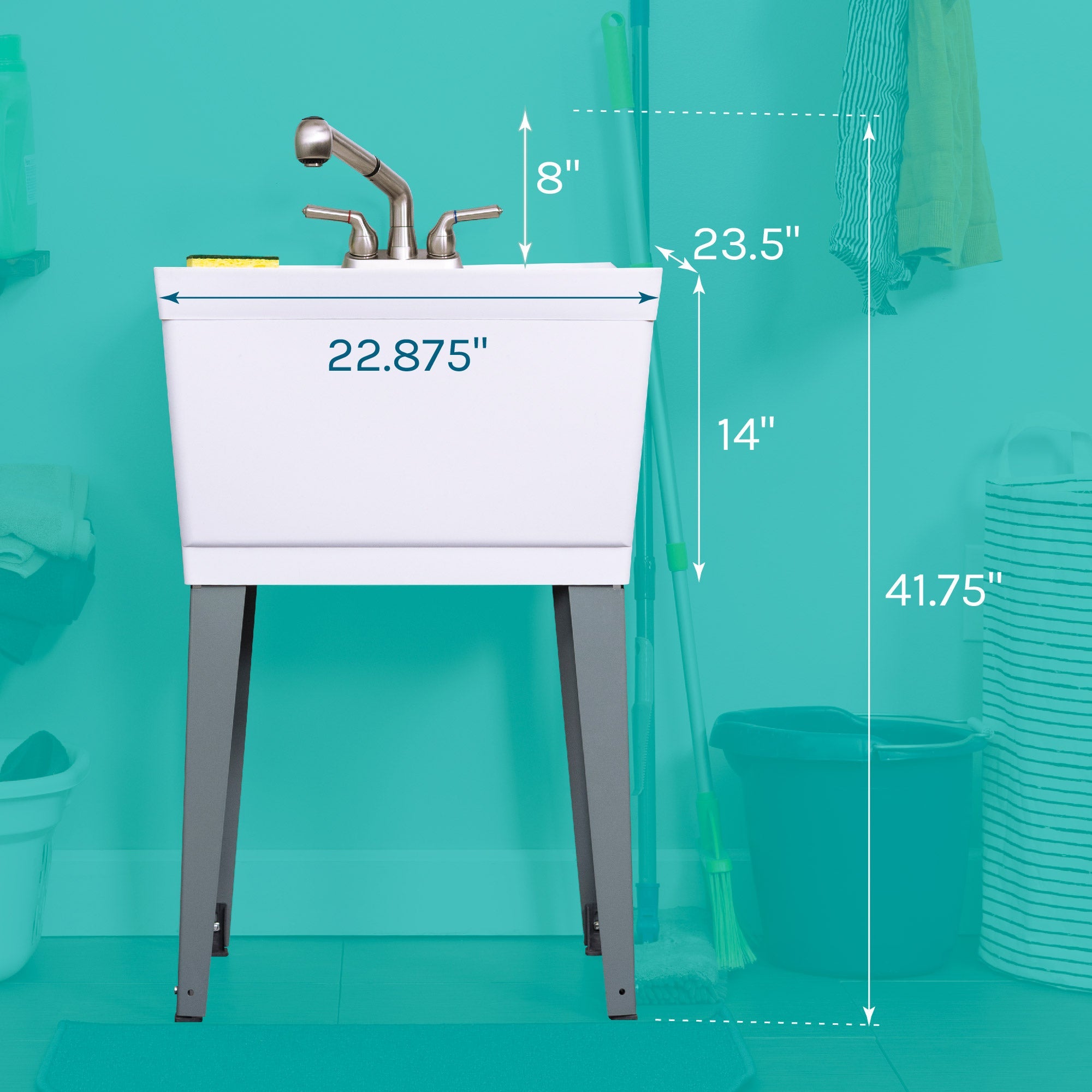 Tehila Standard Freestanding White Utility Sink with Stainless Steel Finish Pull-Out Faucet