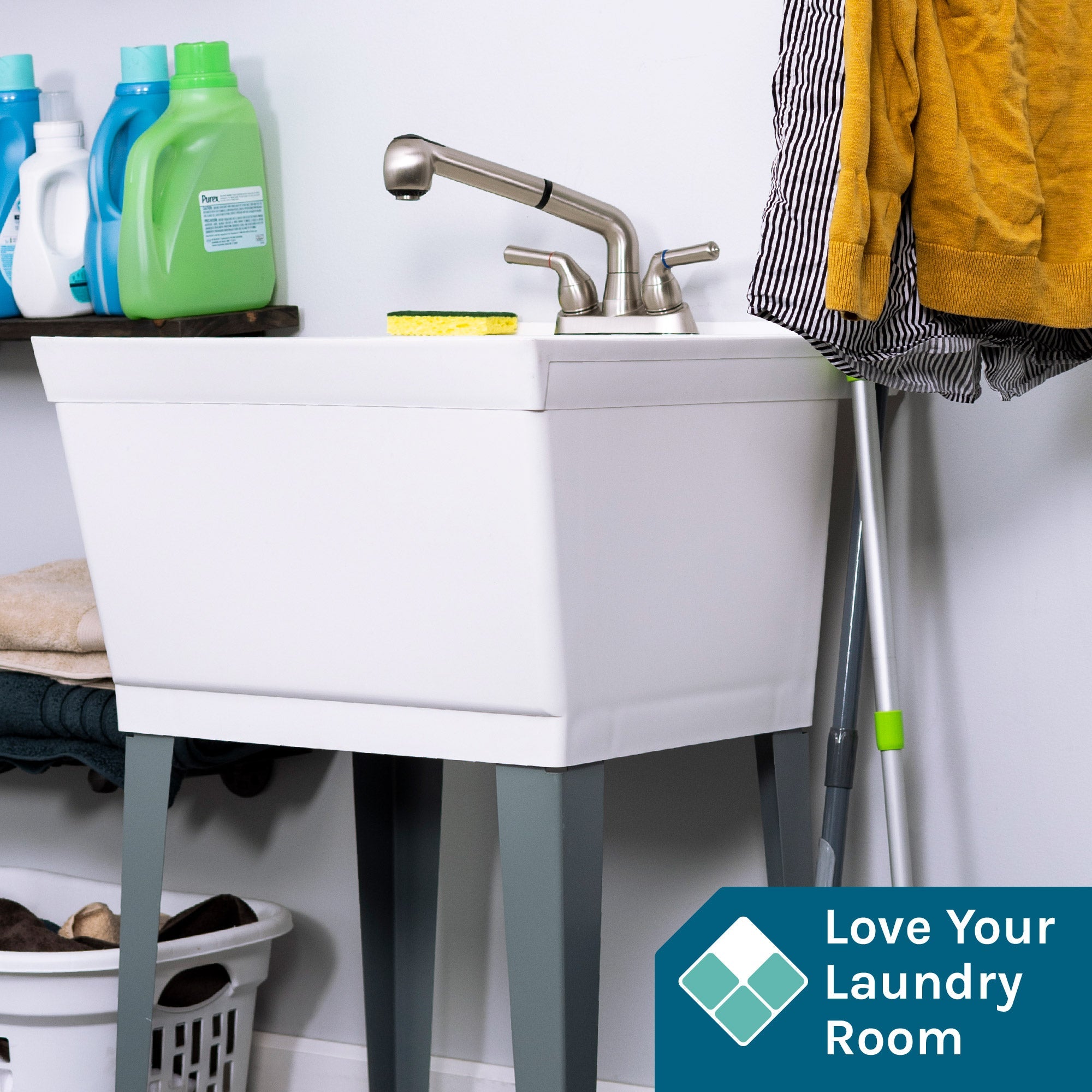 Tehila Standard Freestanding White Utility Sink with Stainless Steel Finish Pull-Out Faucet