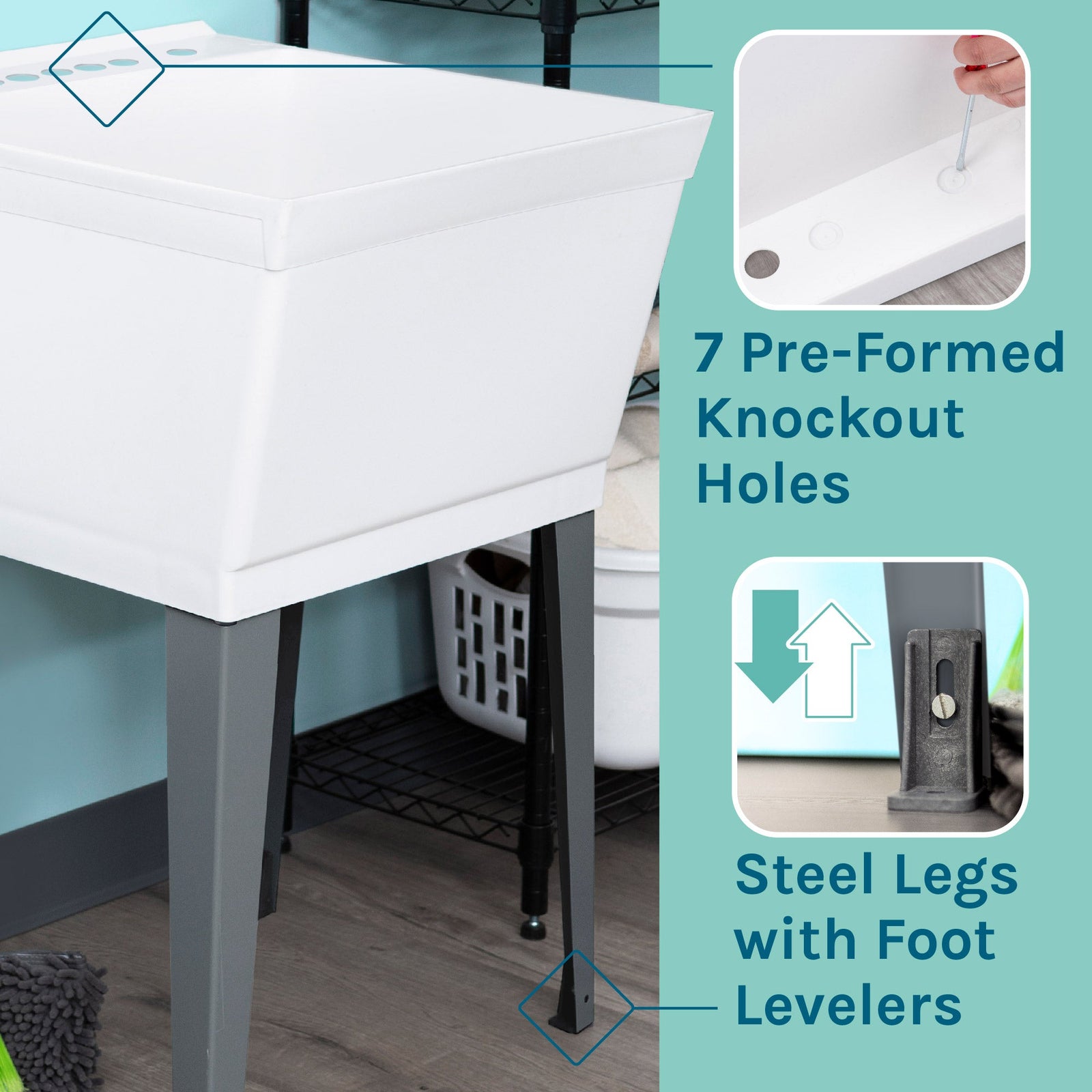 Tehila Standard Freestanding White Utility Sink with Stainless Steel Finish Pull-Out Faucet