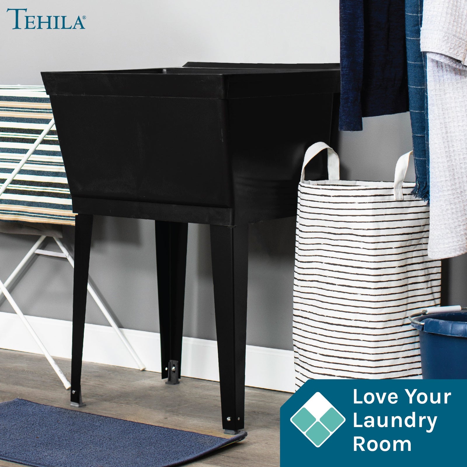 Tehila Standard Freestanding Black Utility Sink with Black Legs, No Supply Lines
