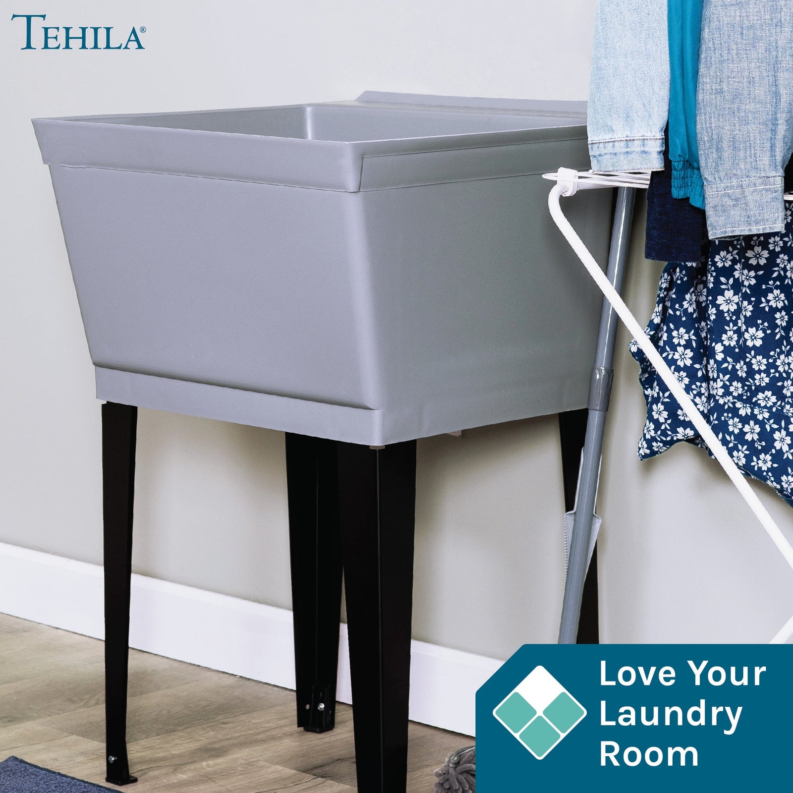 Tehila Standard Freestanding Grey Utility Sink with Black Legs, No Supply Lines