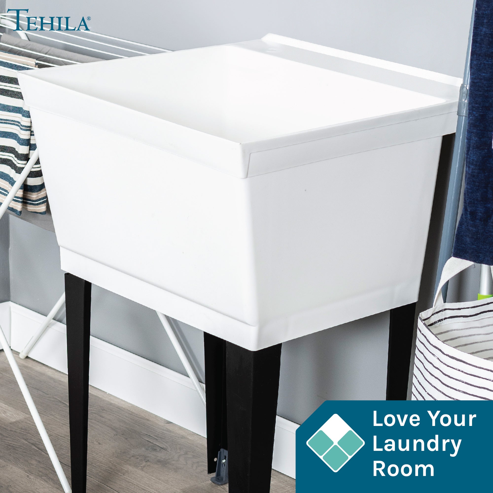 Tehila Standard Freestanding White Utility Sink with Black Legs, No Supply Lines