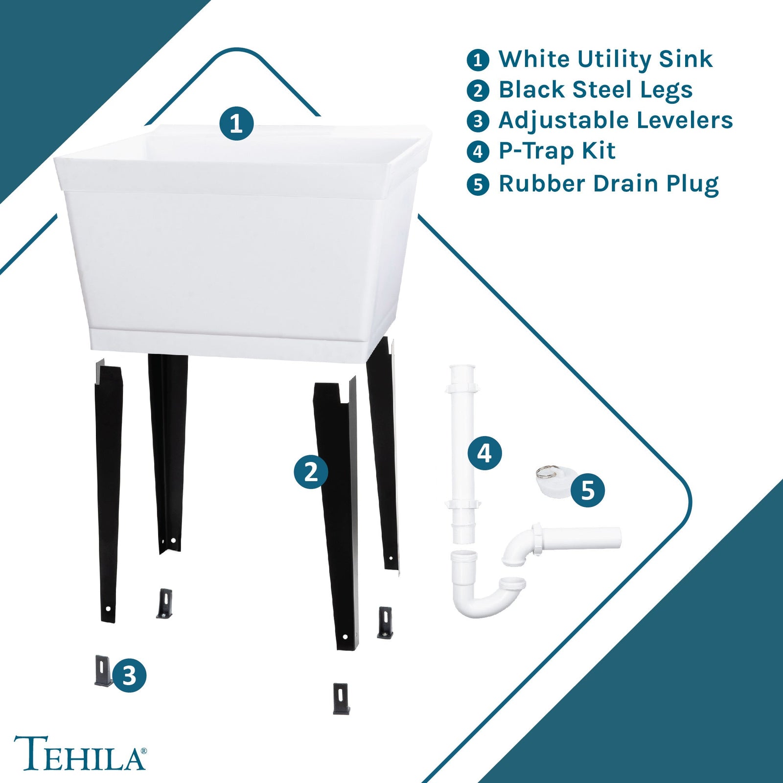 Tehila Standard Freestanding White Utility Sink with Black Legs, No Supply Lines