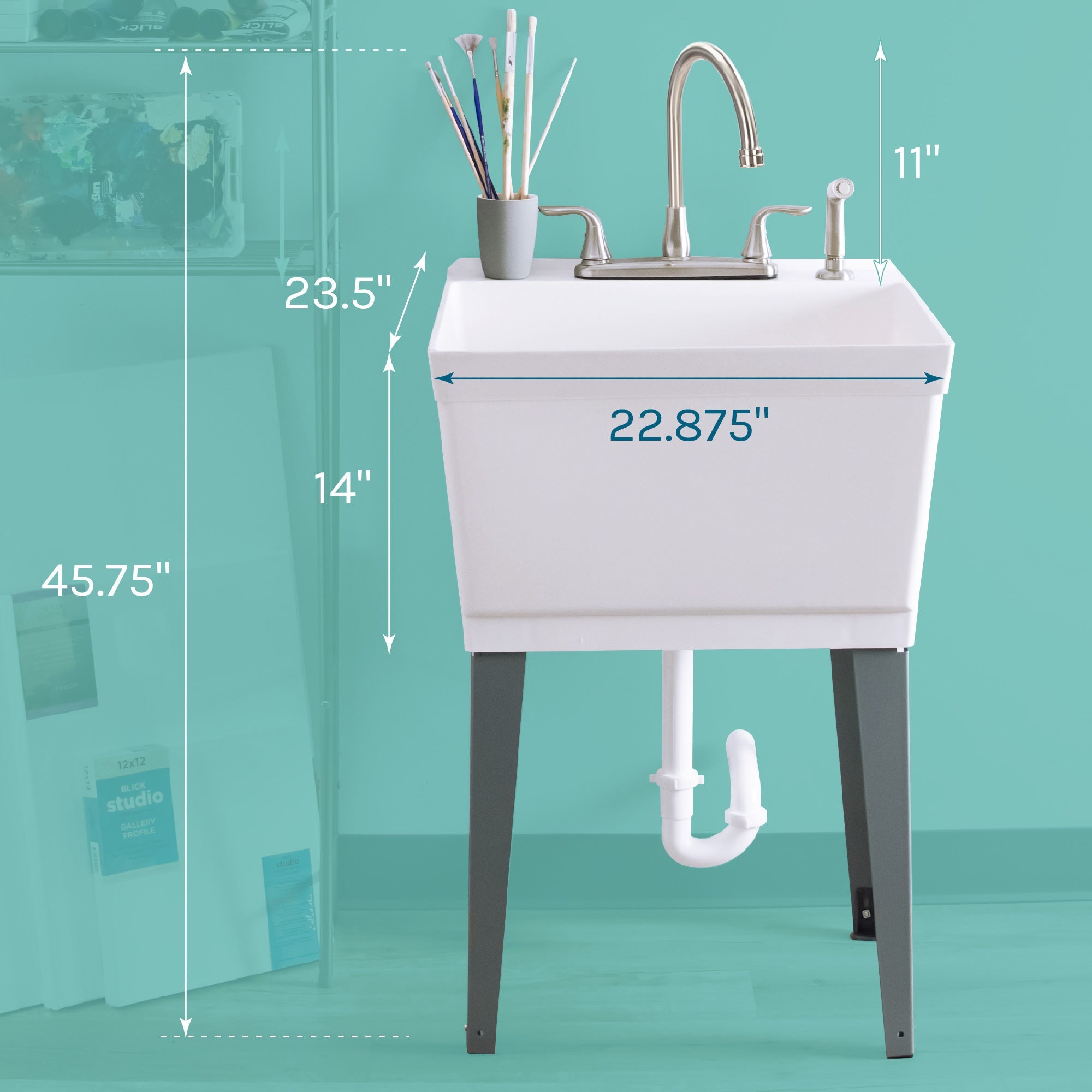 Tehila Standard Freestanding White Utility Sink with Grey Legs and Stainless Steel Finish Wide-set Gooseneck Faucet with Side Sprayer