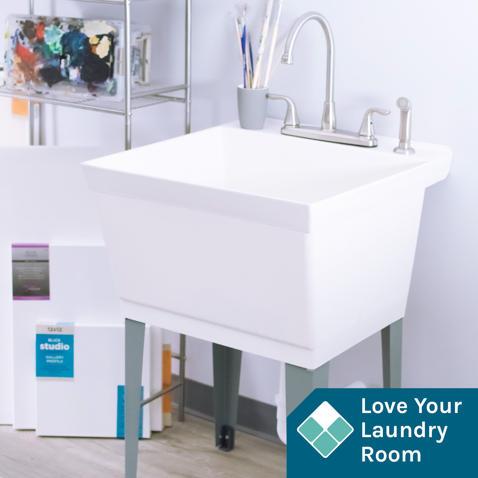 Tehila Standard Freestanding White Utility Sink with Grey Legs and Stainless Steel Finish Wide-set Gooseneck Faucet with Side Sprayer