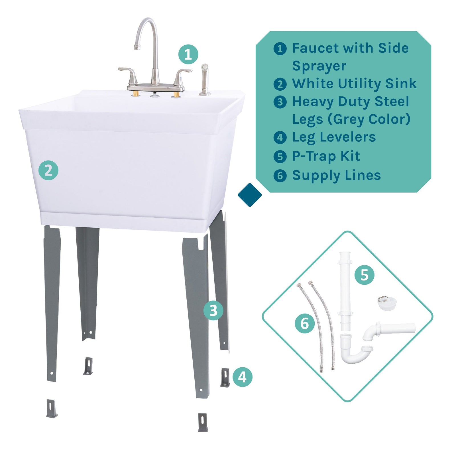 Tehila Standard Freestanding White Utility Sink with Grey Legs and Stainless Steel Finish Wide-set Gooseneck Faucet with Side Sprayer