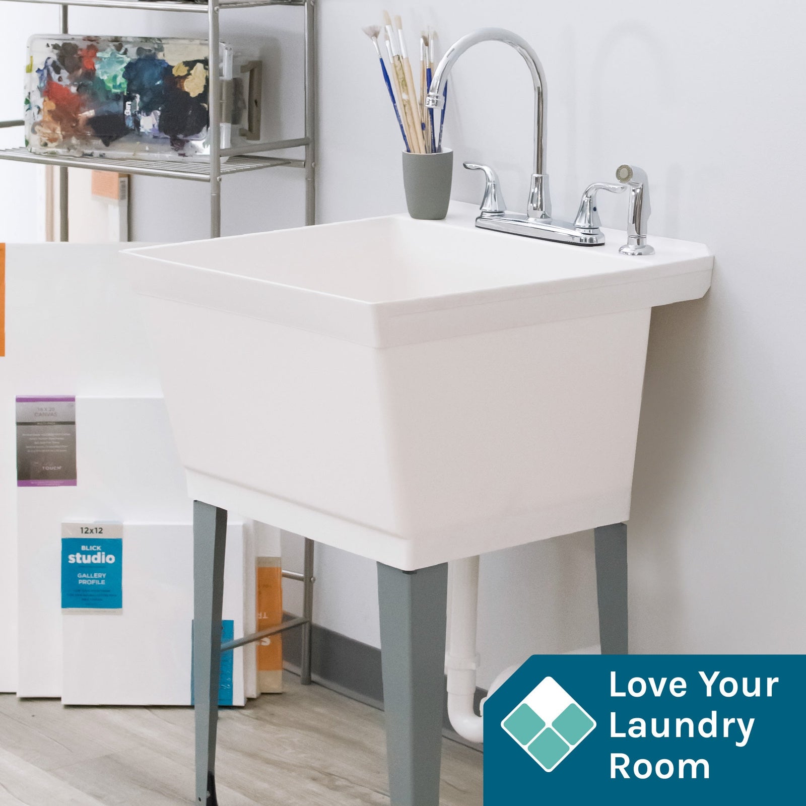 Tehila Standard Freestanding White Utility Sink with Grey Legs and Chrome Finish Wide-set Gooseneck Faucet with Side Sprayer