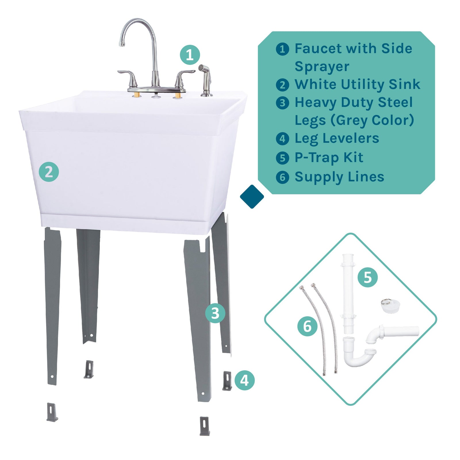 Tehila Standard Freestanding White Utility Sink with Grey Legs and Chrome Finish Wide-set Gooseneck Faucet with Side Sprayer