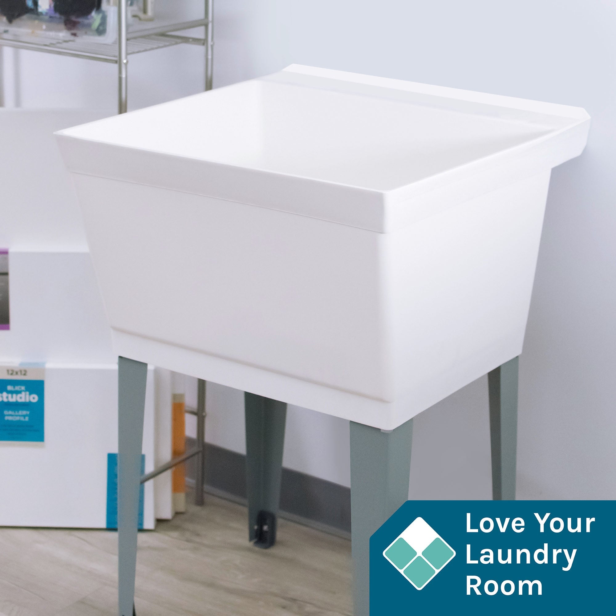 Tehila Standard Freestanding White Utility Sink with Grey Legs, Water Supply Lines Included