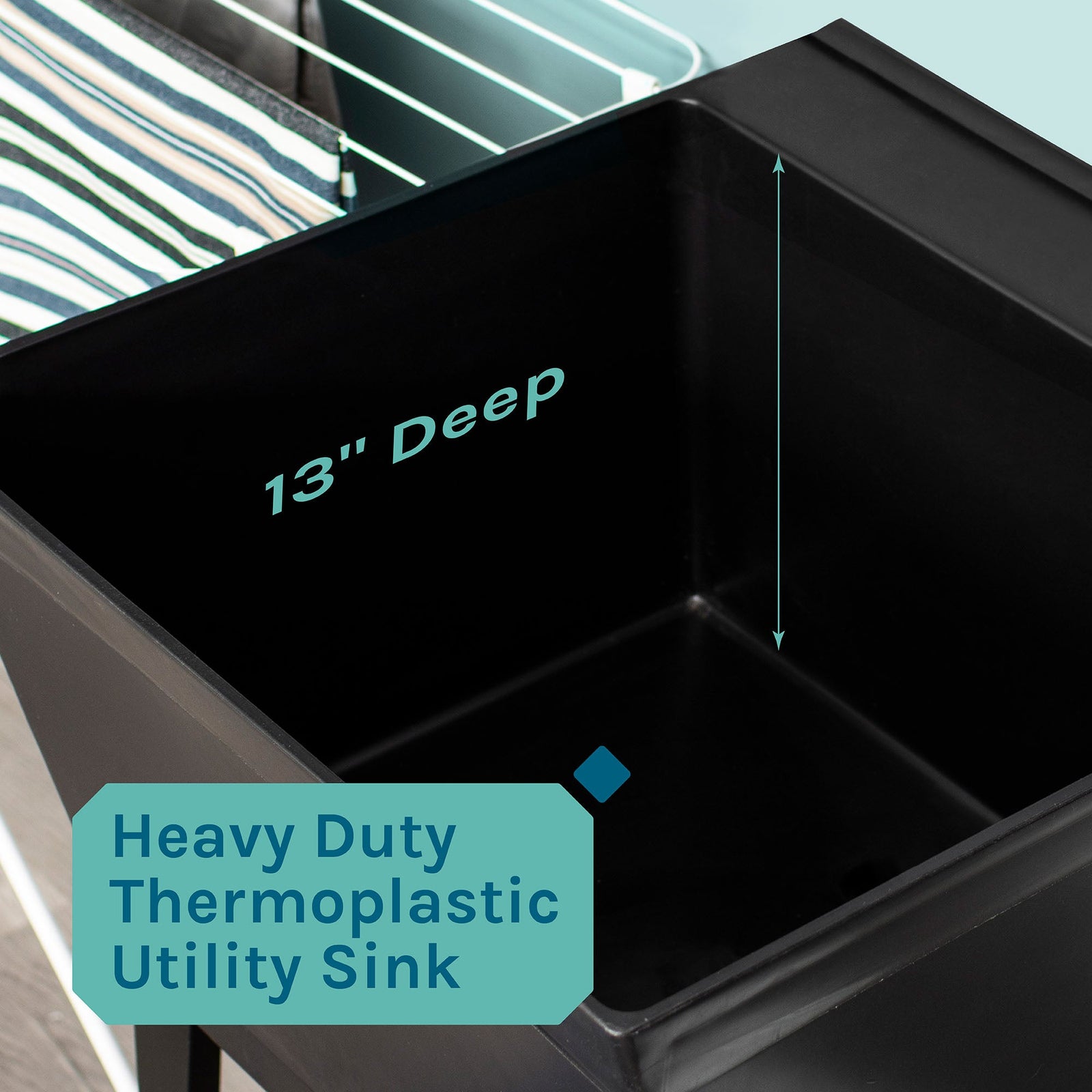 Tehila Standard Freestanding Black Utility Sink with Black Legs, Water Supply Lines Included