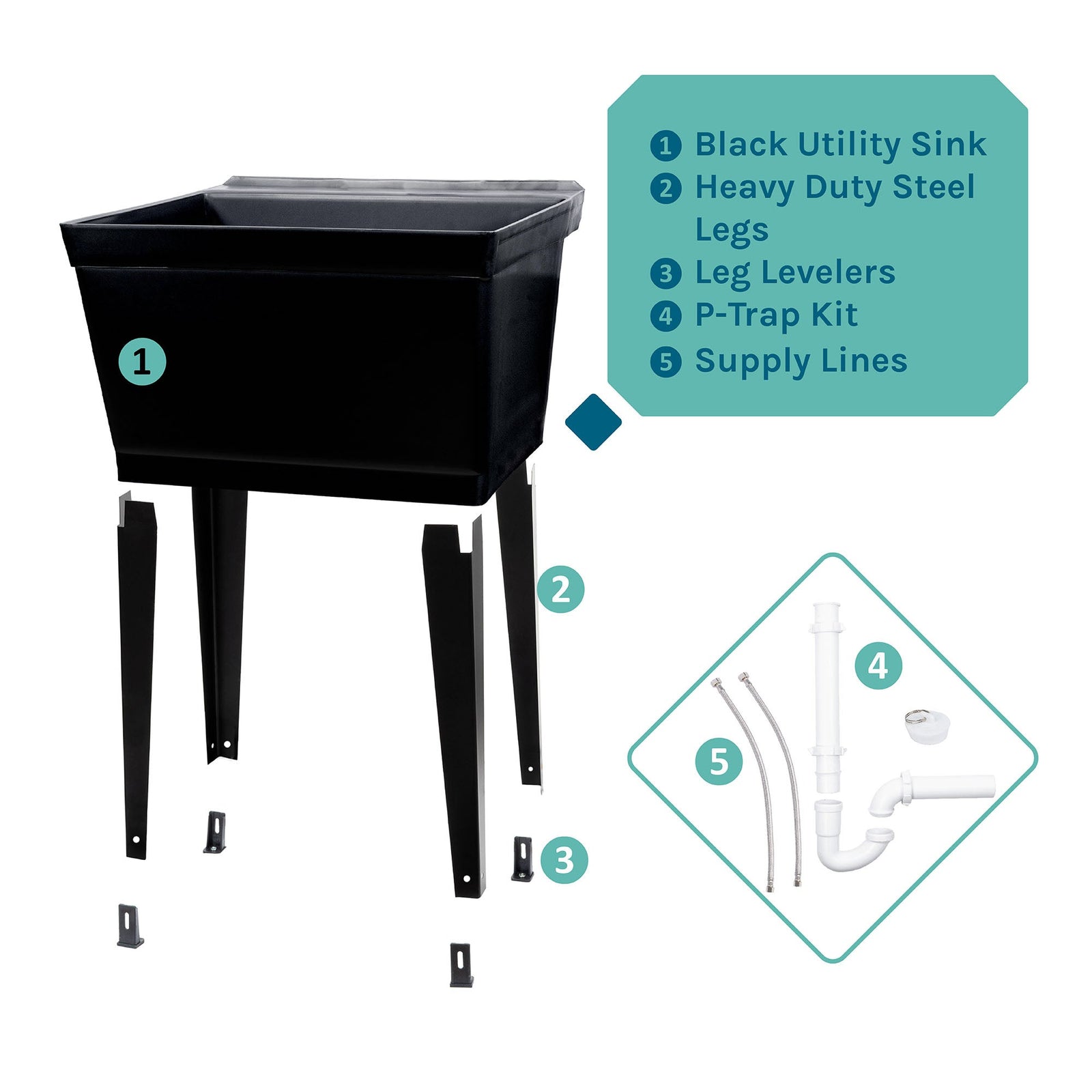 Tehila Standard Freestanding Black Utility Sink with Black Legs, Water Supply Lines Included